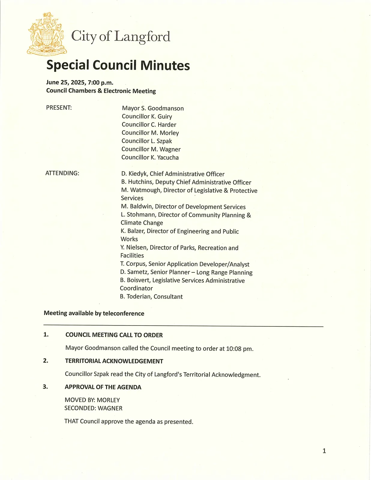 Council meeting attendees and call to order