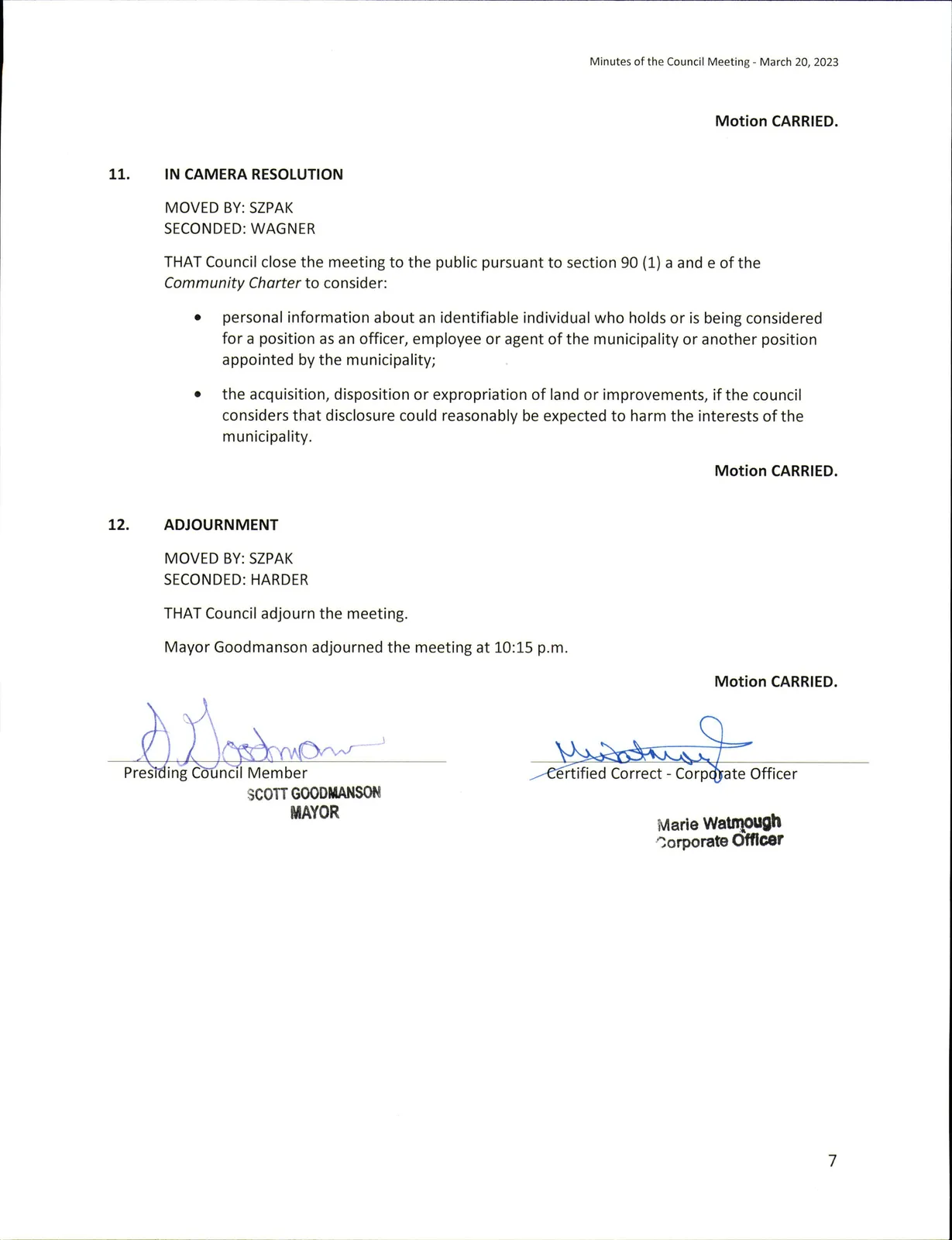 In Camera Resolution and Adjournment