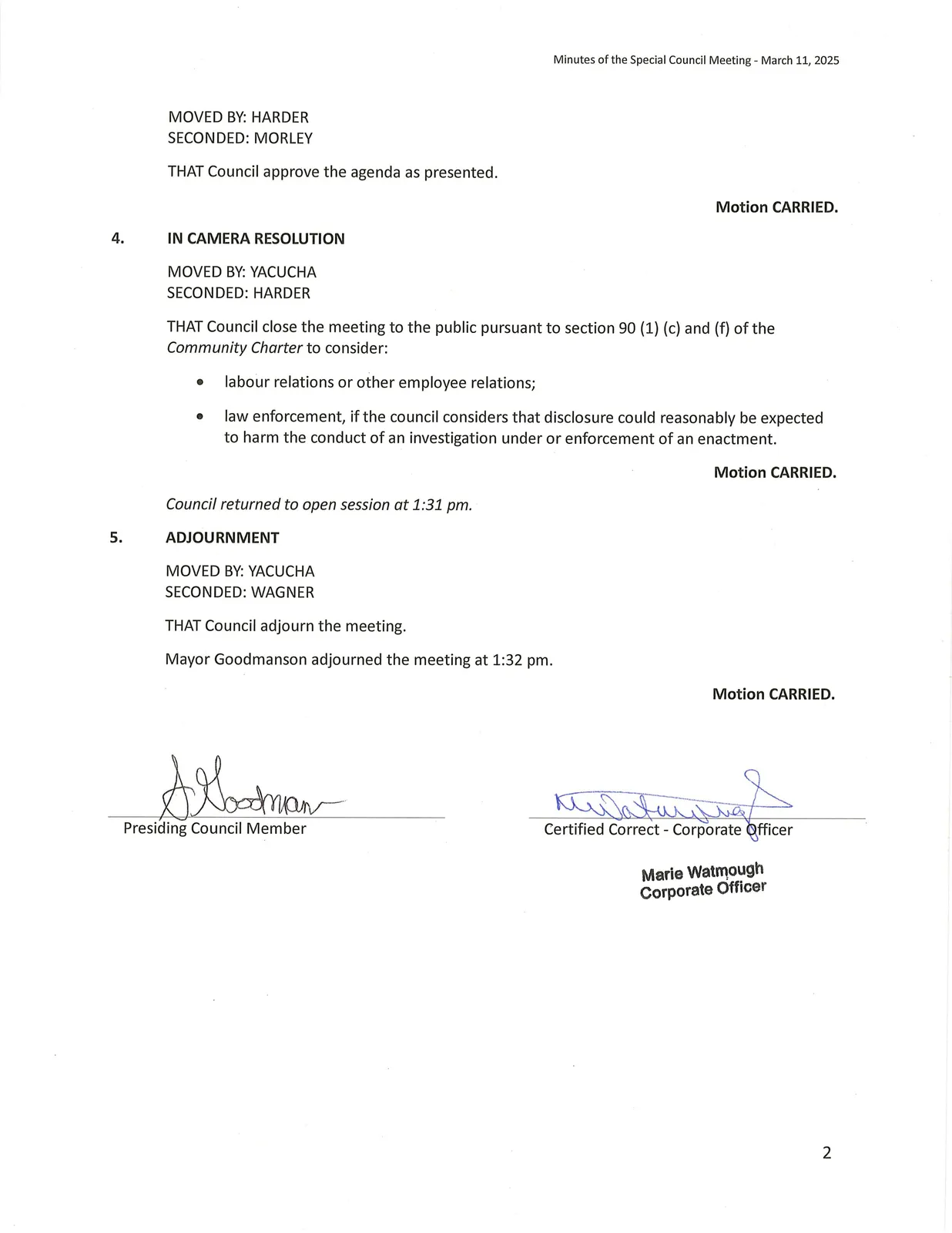 Scanned page showing motions, in-camera resolution, and adjournment
