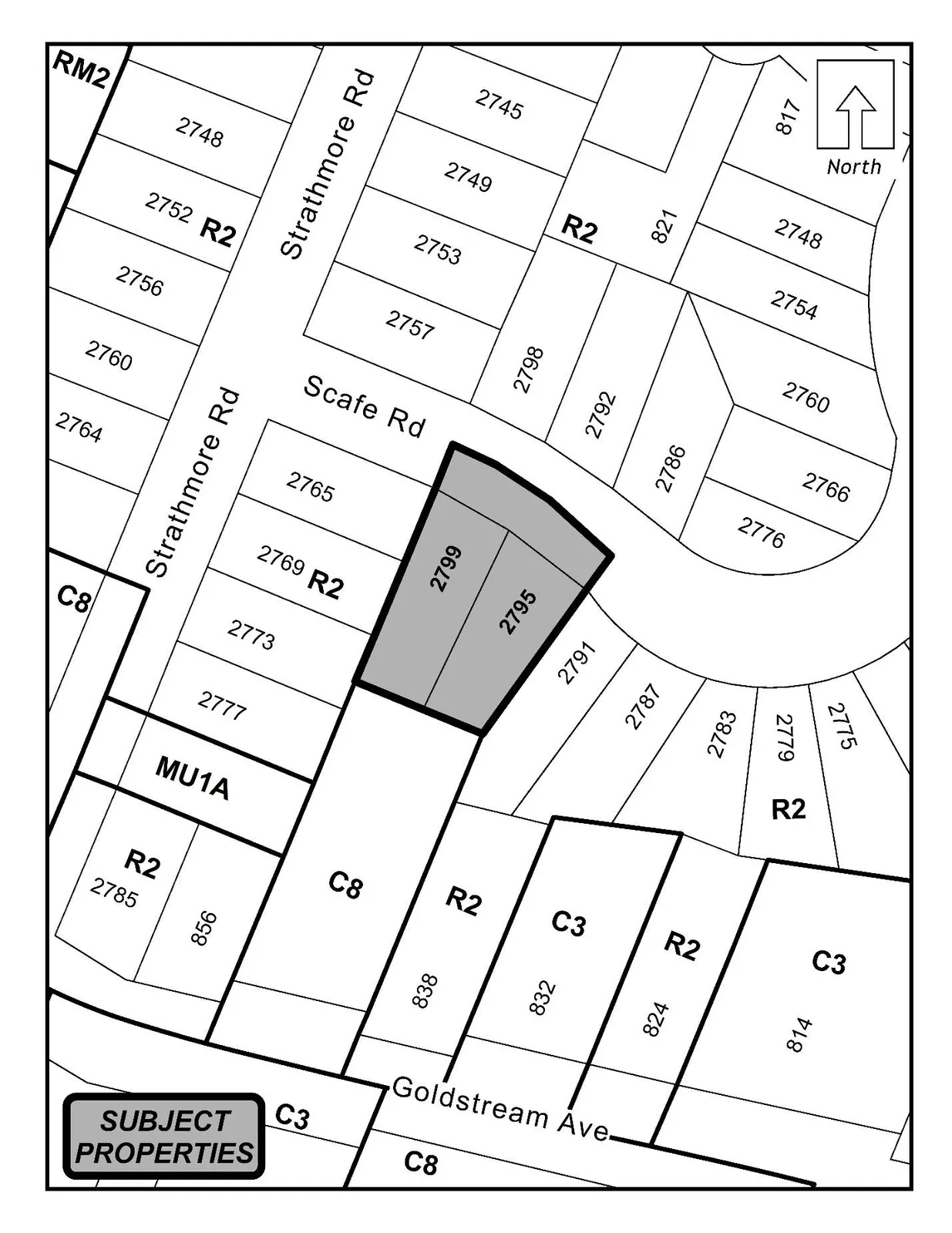 Schedule A map showing Lots 9 and 10, Plan 24870 (2795 and 2799 Scafe Road) shaded