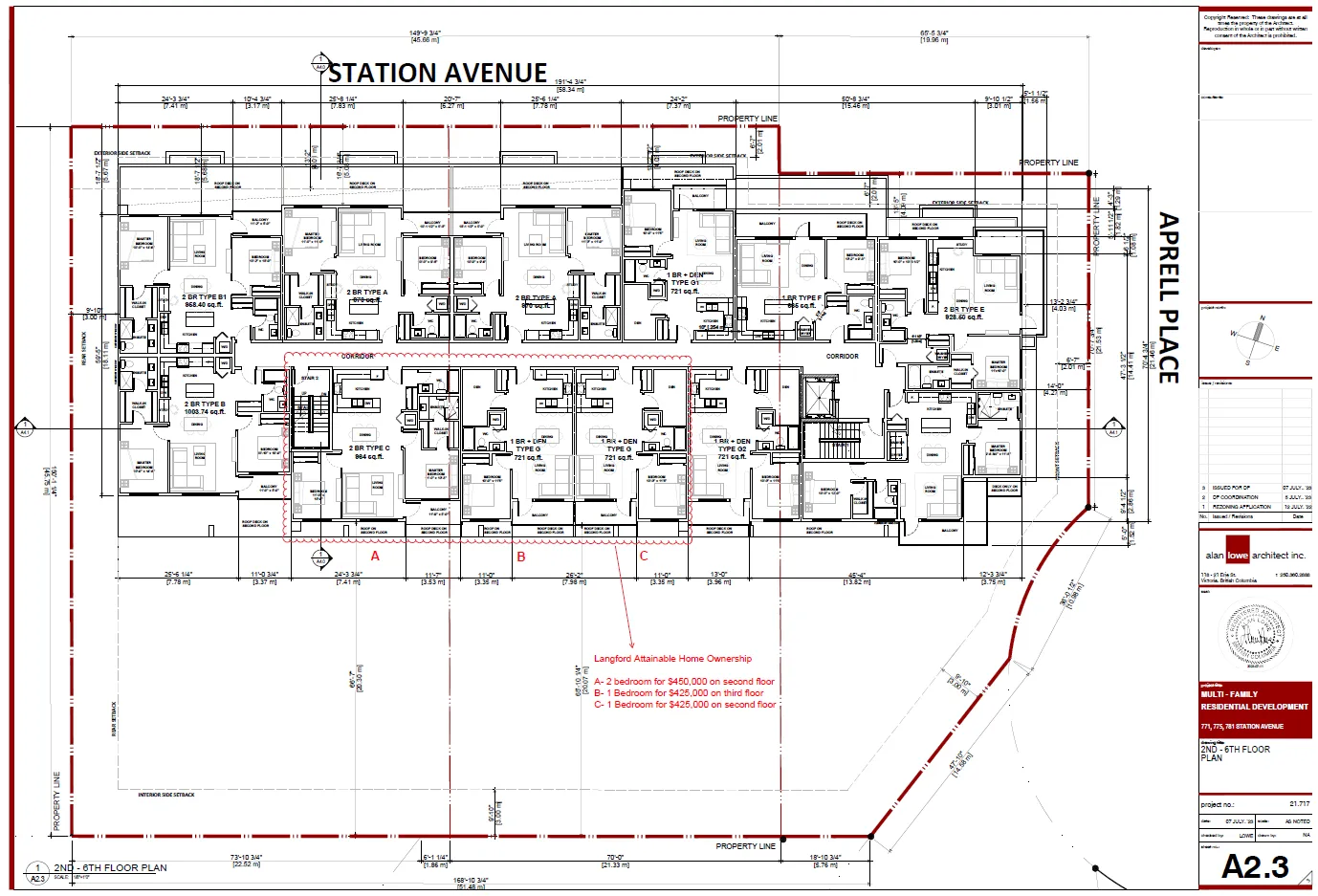 Schedule B plan showing location and designation of 1 Two-Bedroom and 2 One-Bedroom (with den) Housing Units
