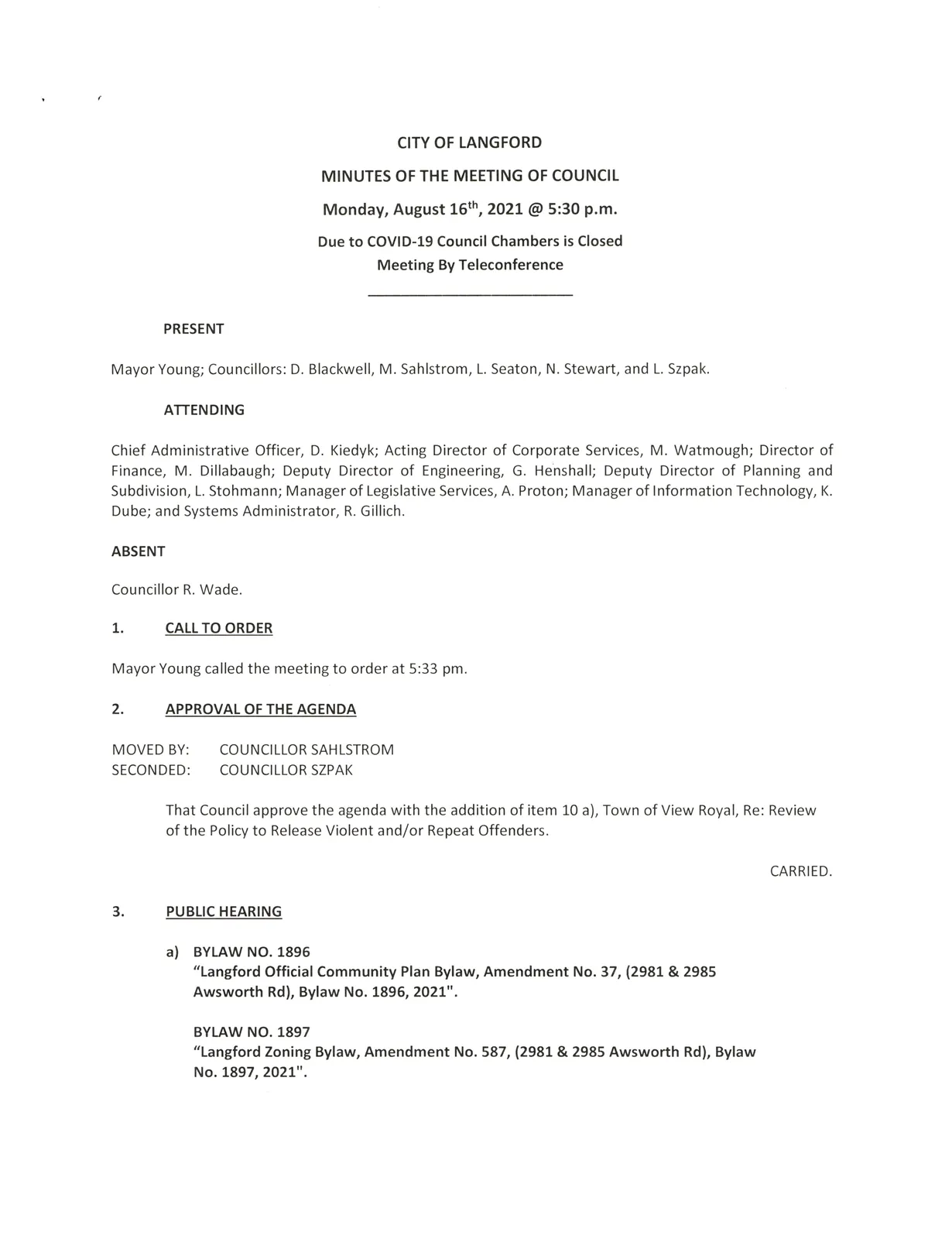 Council meeting minutes page 1