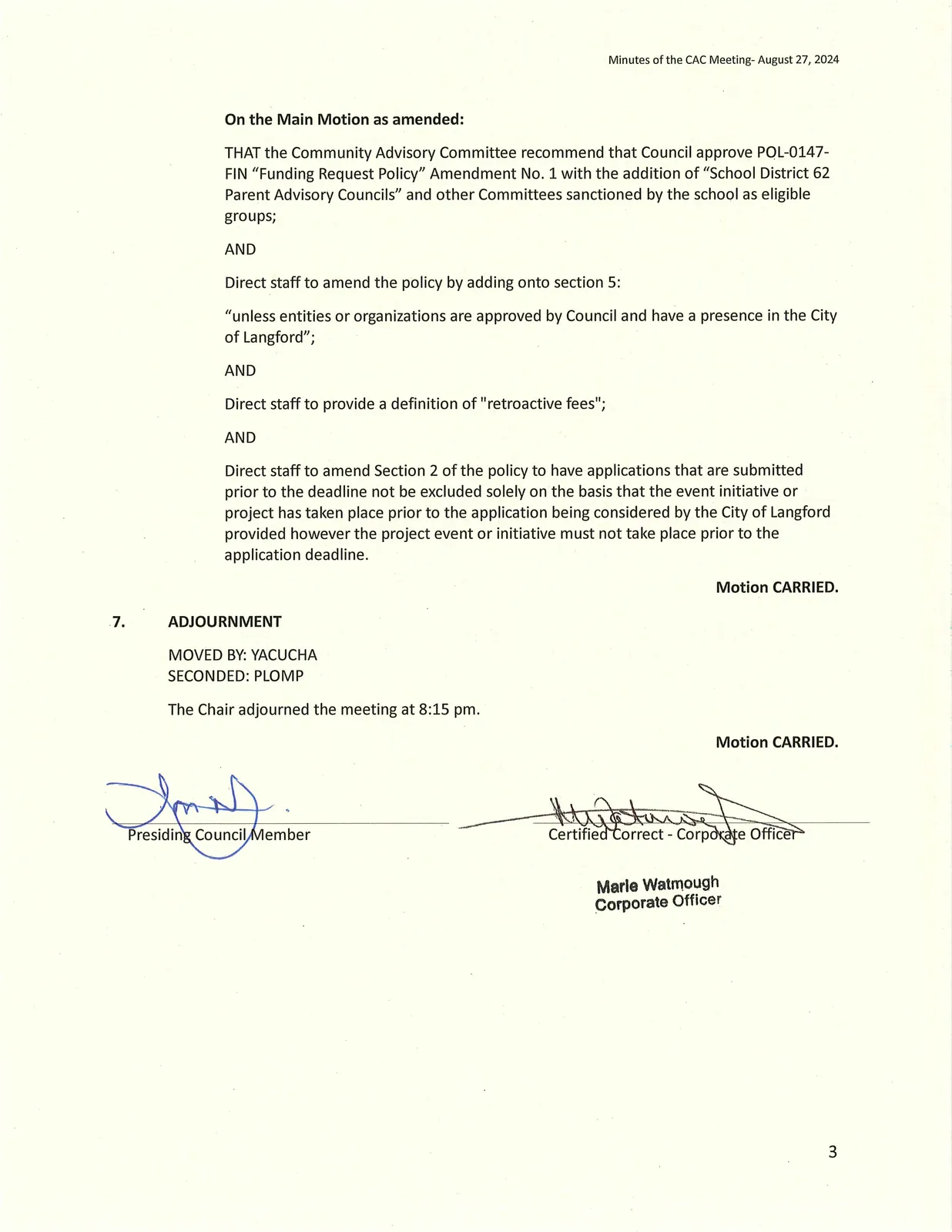 Continuation and final motion as amended, and adjournment