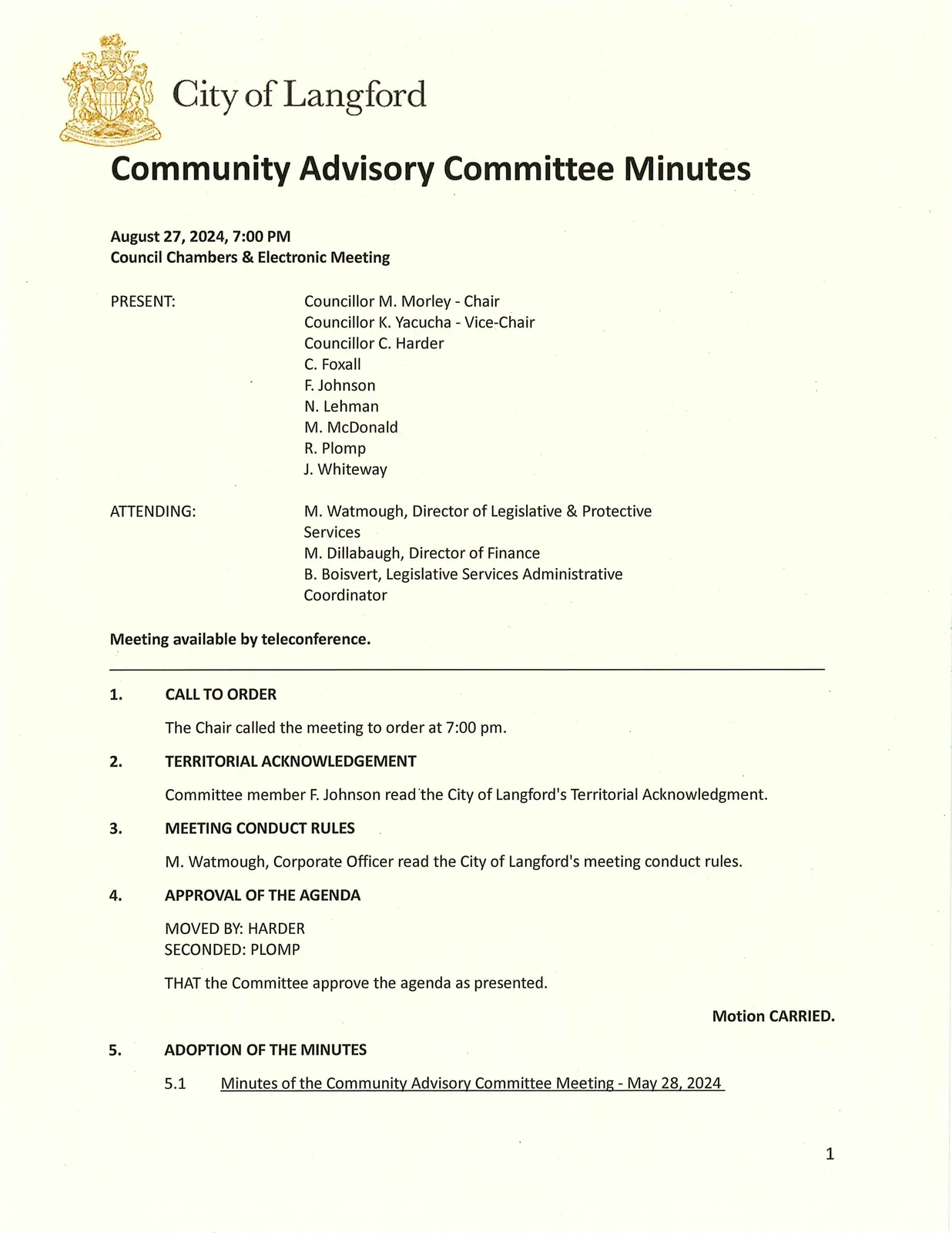 Meeting attendance and opening section