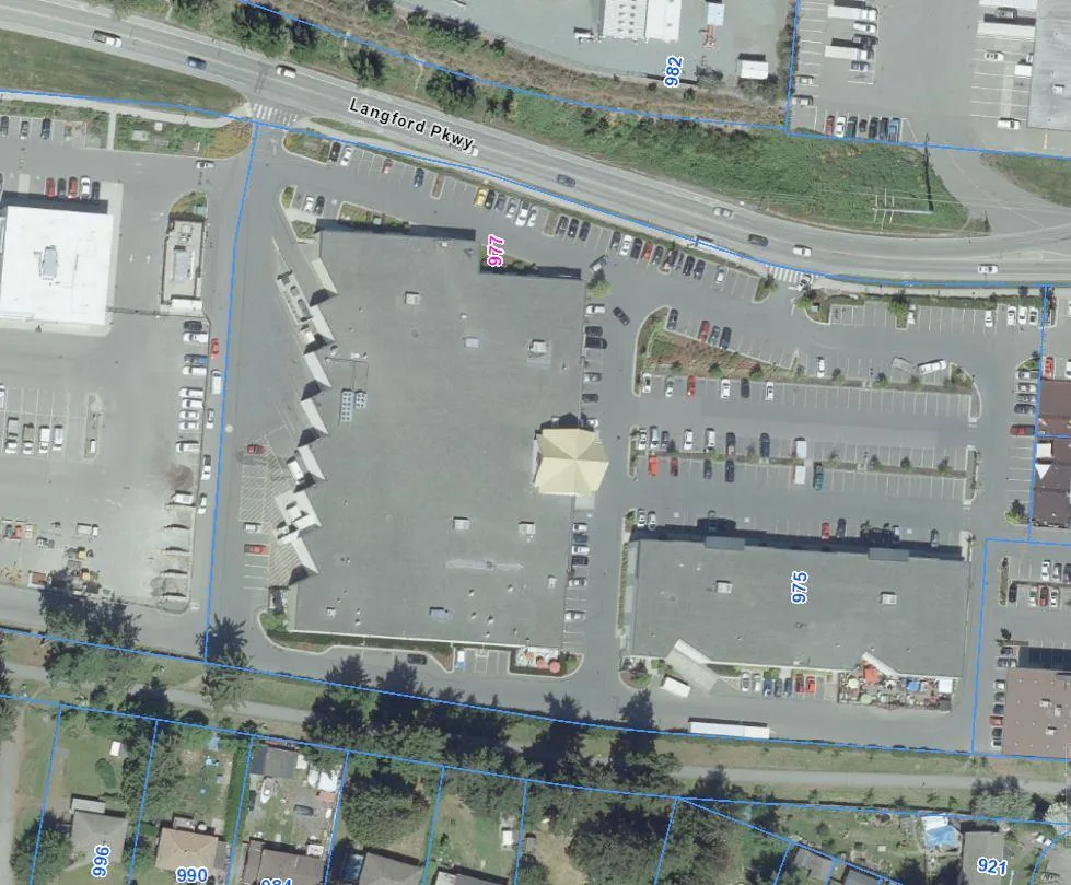 Site/context map showing surrounding commercial, residential, and industrial uses near #101 977 Langford Parkway