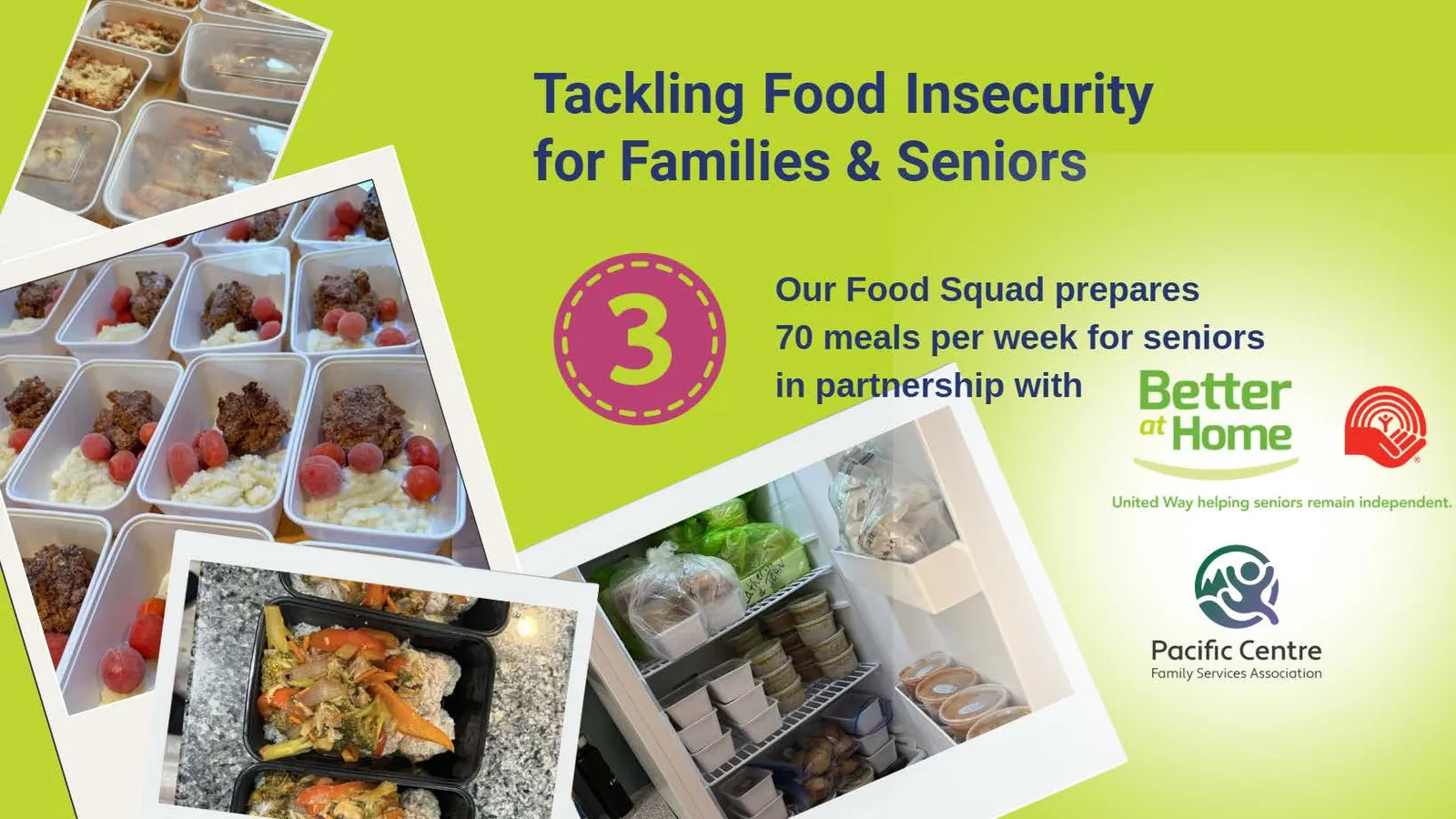 Photos of seniors and volunteers at community lunches; chefs and volunteer teams