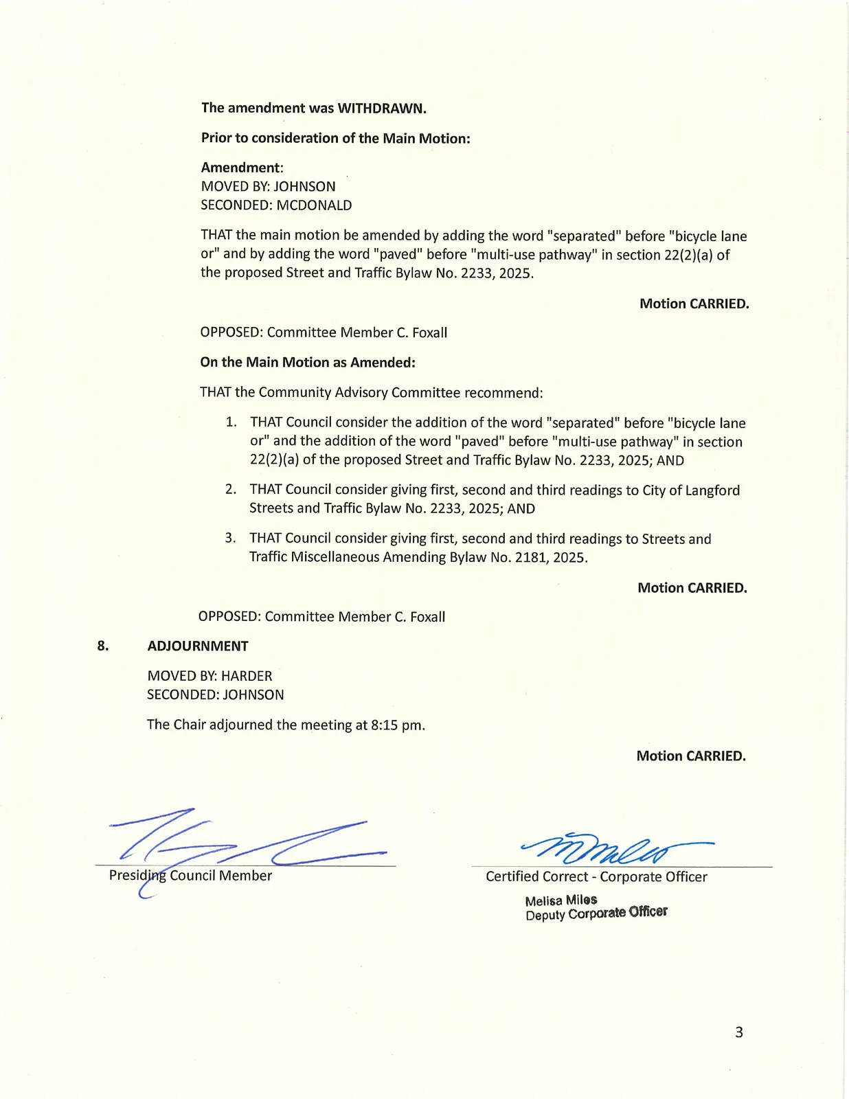 Amendment, main motion as amended, and adjournment details