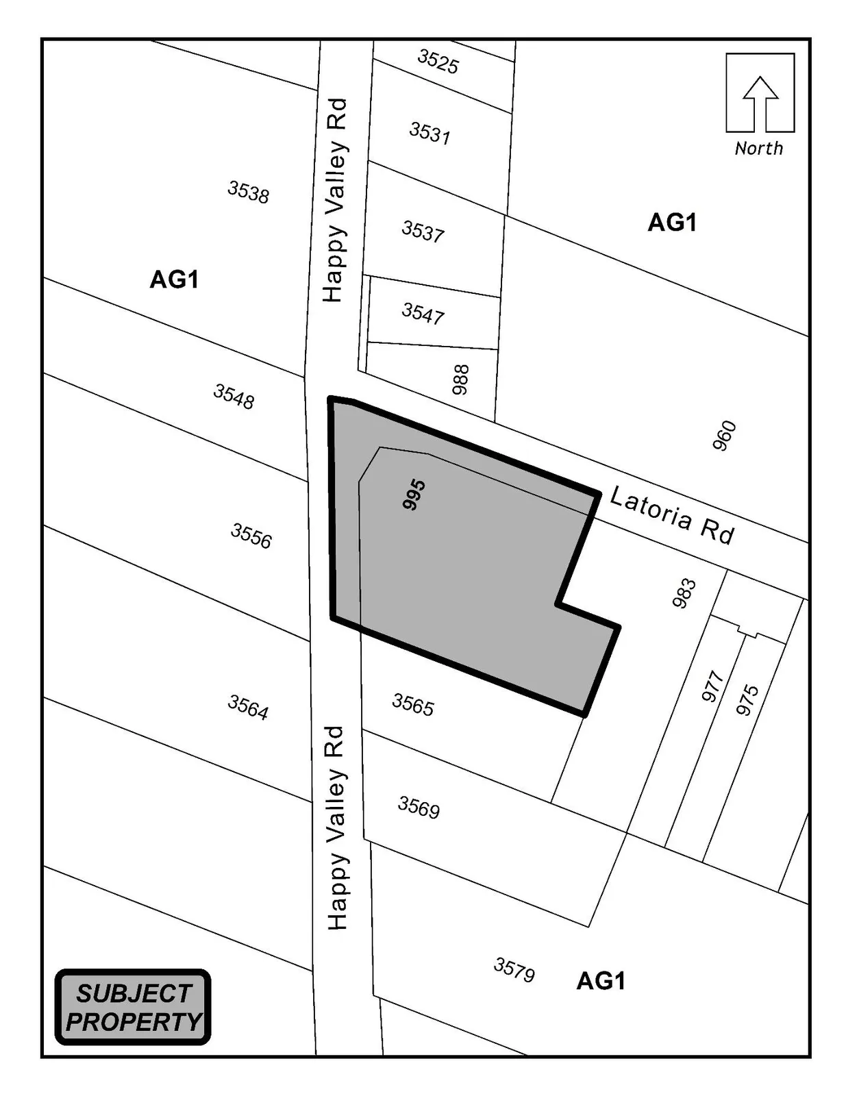 Schedule A map showing the property at 991 and 995 Latoria Road with the subject parcel shaded