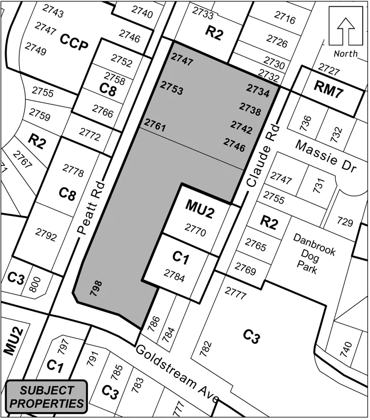 Map showing properties at 798 Goldstream Avenue, Peatt Road and Claude Road shaded