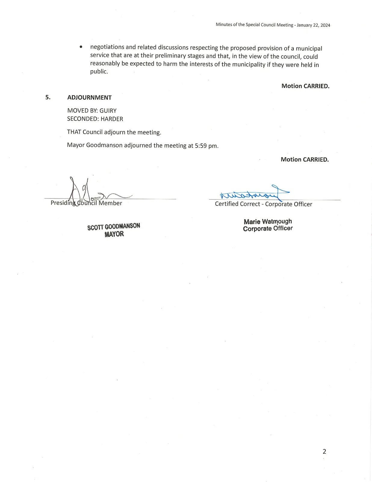Page 2 of minutes (in-camera resolution continuation, adjournment, and certification)