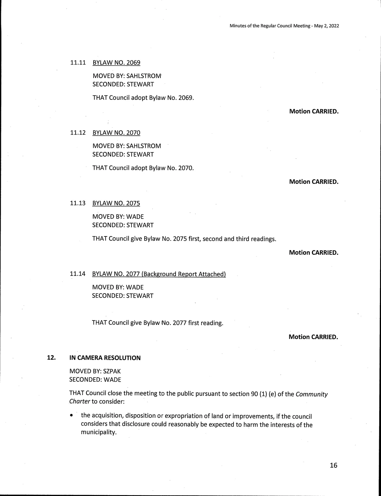 Excerpt of Council meeting minutes (document photograph)