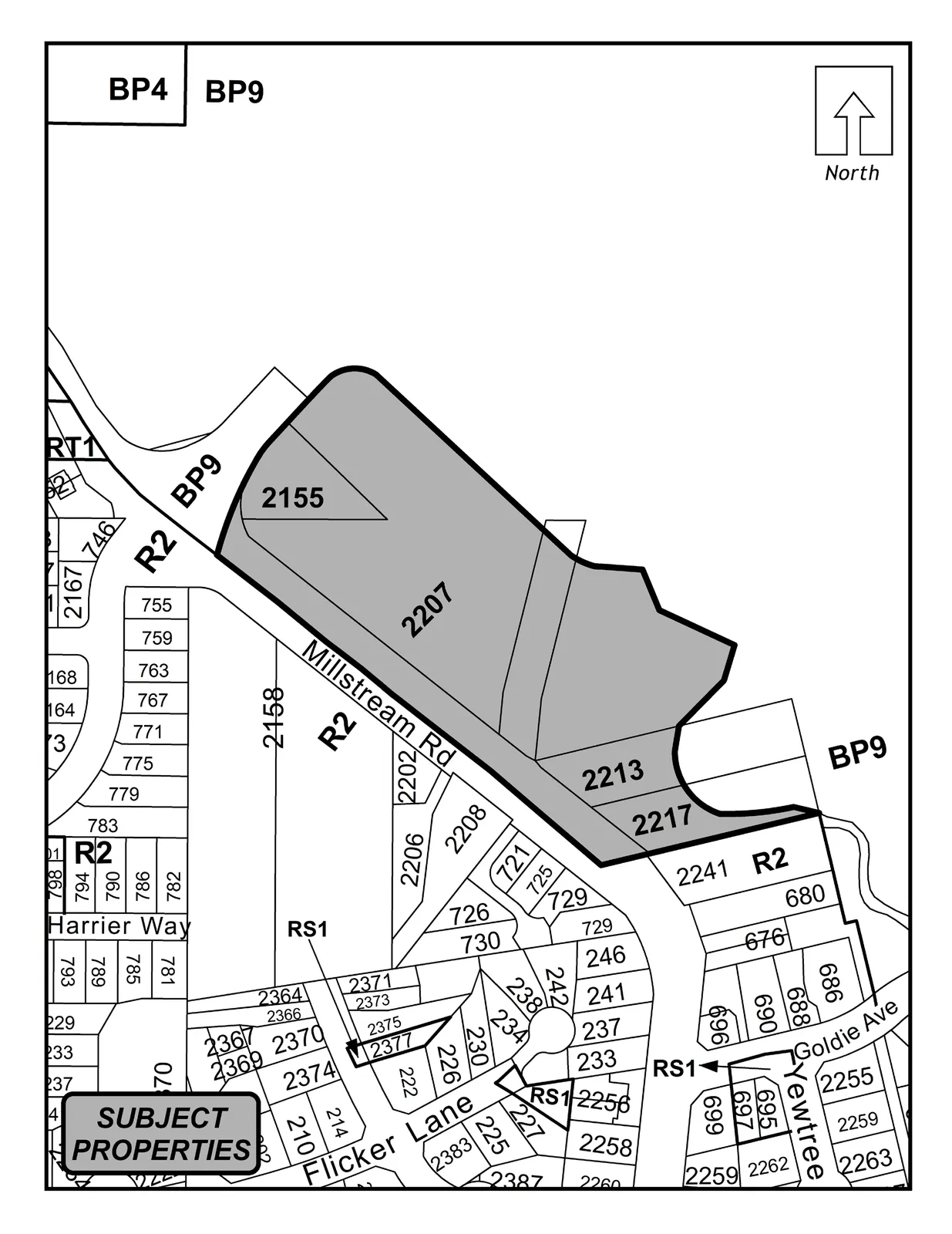 Schedule A map showing shaded portions of properties at 2207 and 2155 Millstream Road and adjacent lands