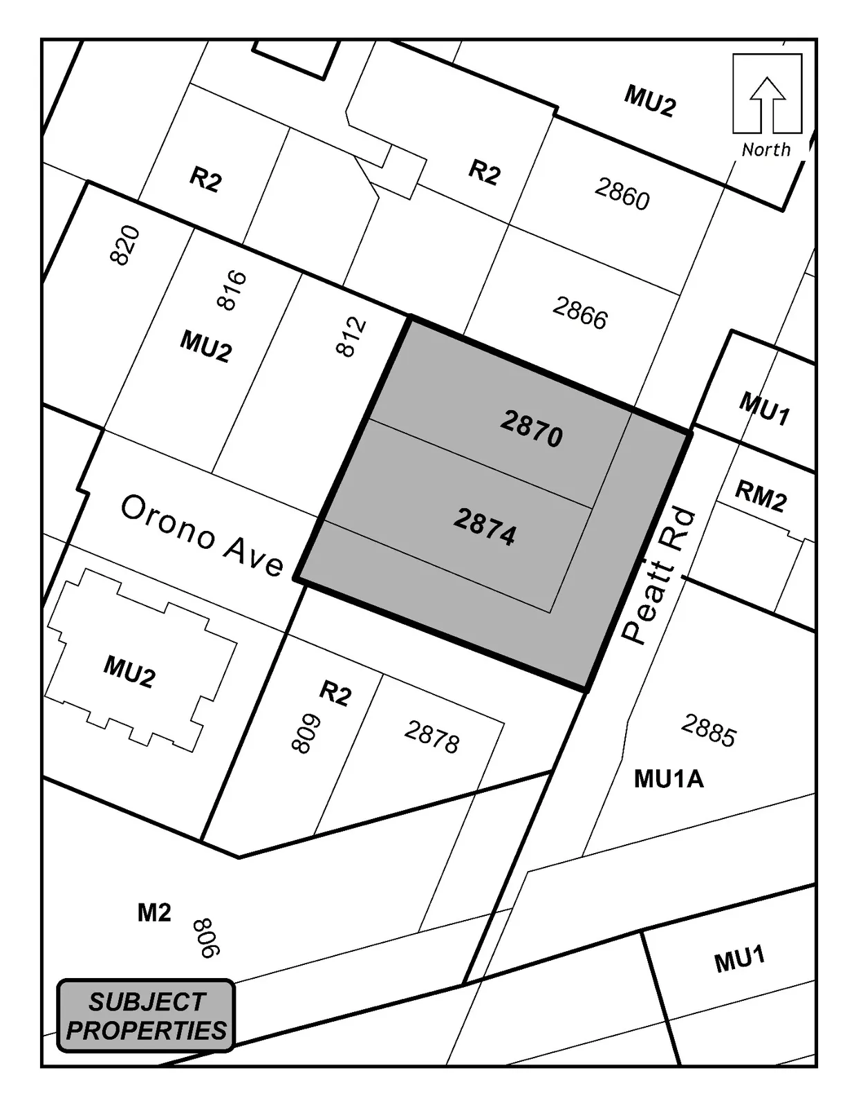 Schedule A map (Plan No. 1) showing 2870 and 2874 Peatt Road