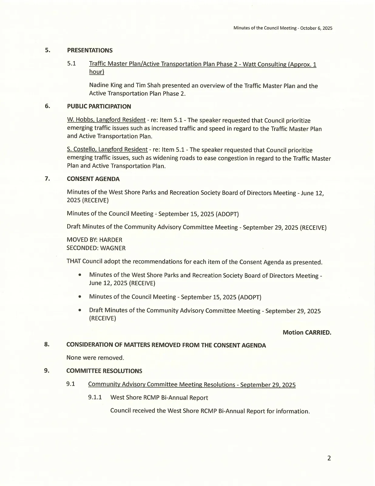 Page 2 — Presentations, public participation, and consent agenda