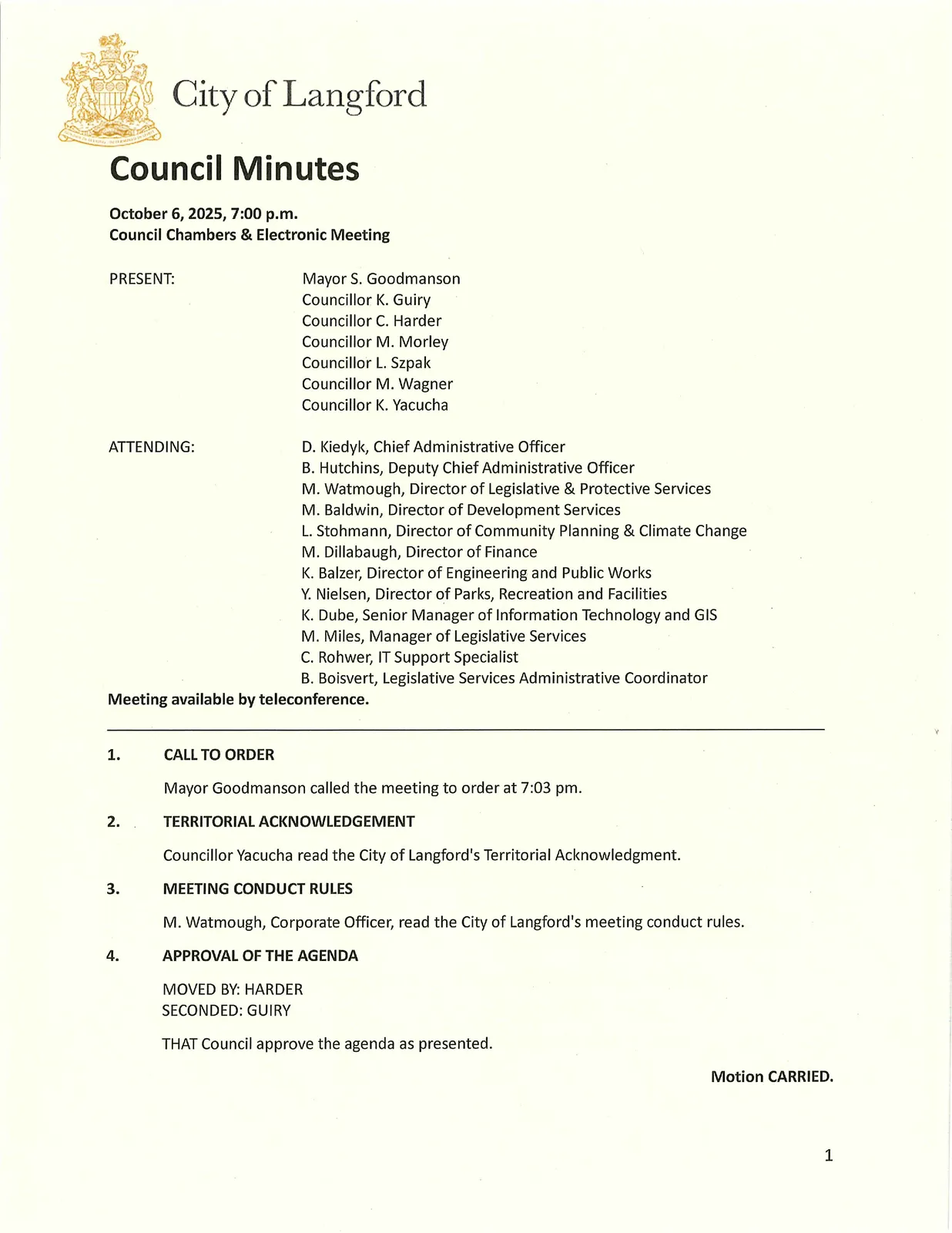 Page 1 — Meeting opening, attendance and agenda approval