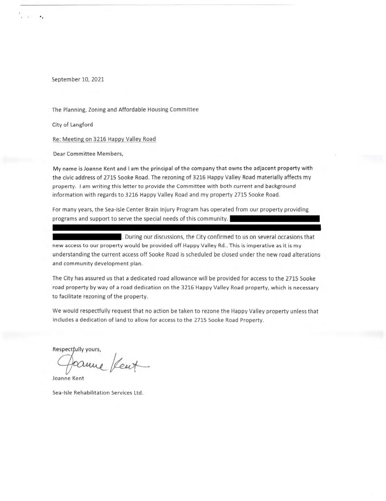 Scanned page — Letter from Joanne Kent dated Oct. 27, 2021