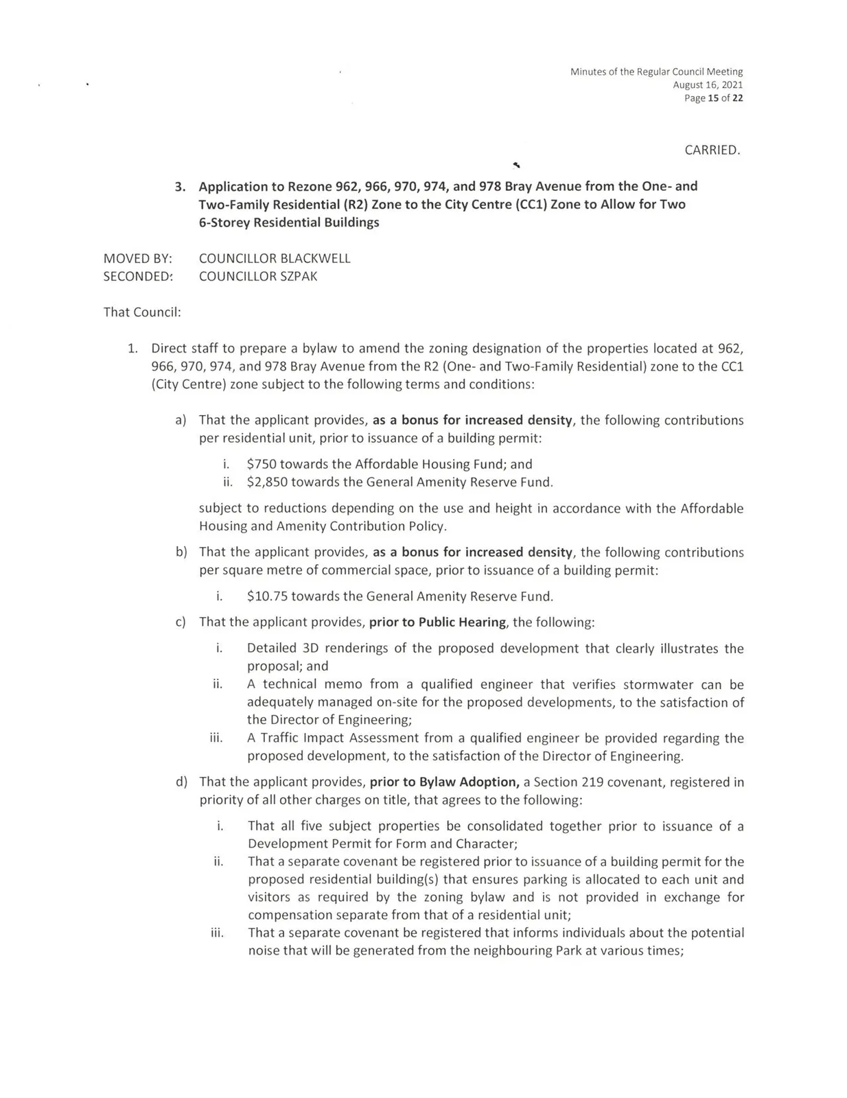 Minutes page showing Application to Rezone 962, 966, 970, 974, and 978 Bray Avenue motion