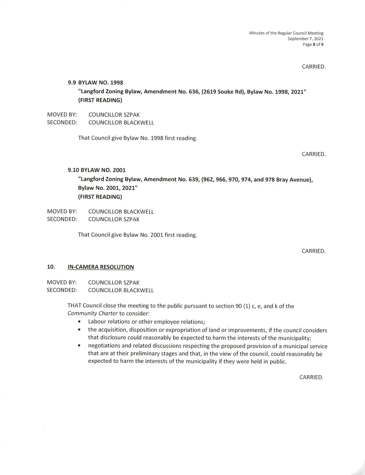 Minutes page showing bylaw readings and in-camera resolution