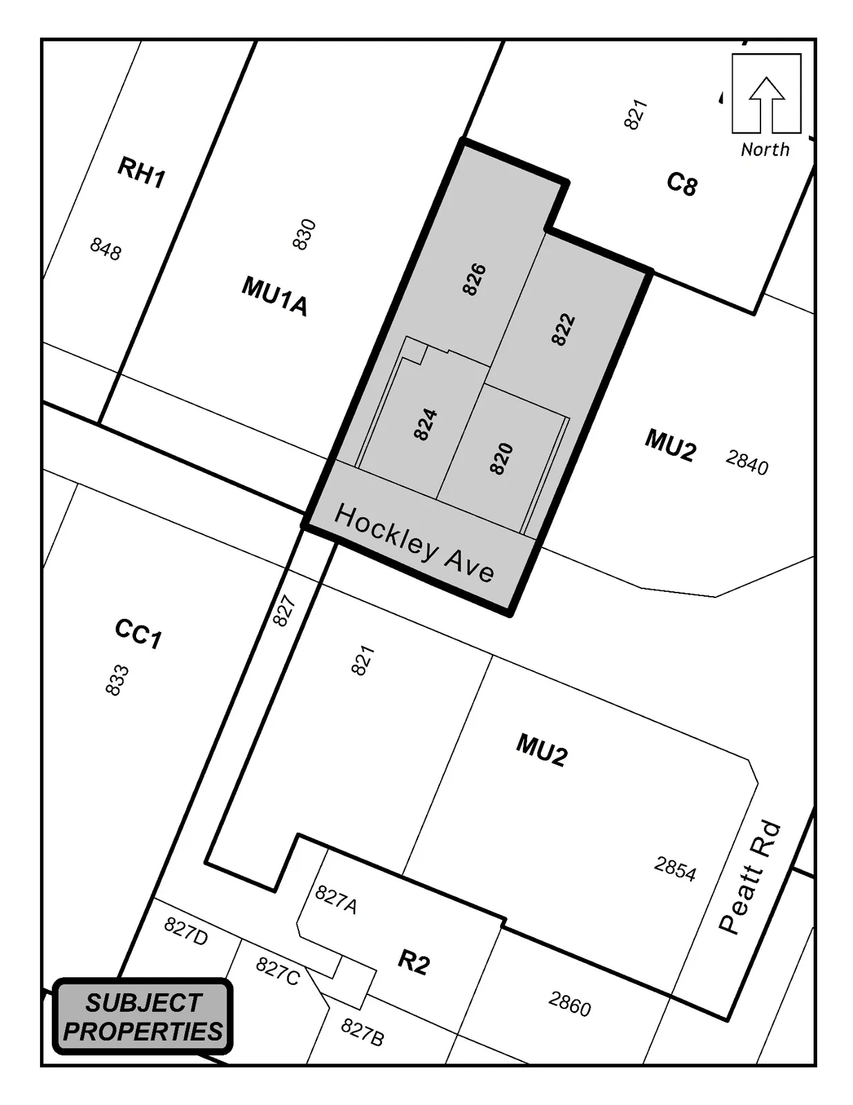 Schedule A map showing shaded properties at 820, 822, 824 and 826 Hockley Ave