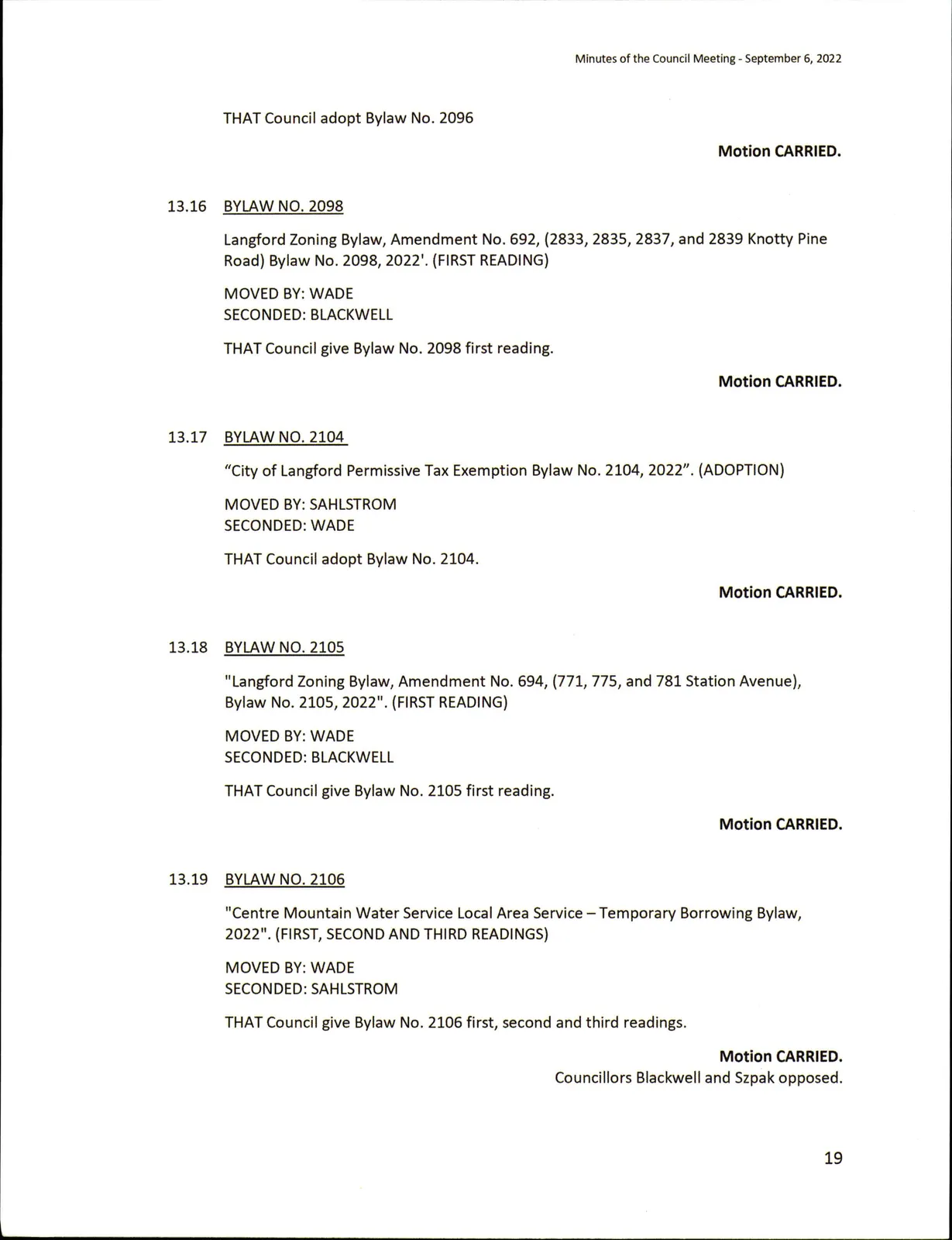 Scanned page showing Bylaw items and motions including Bylaw Nos. 2096, 2098, 2104, 2105, and 2106