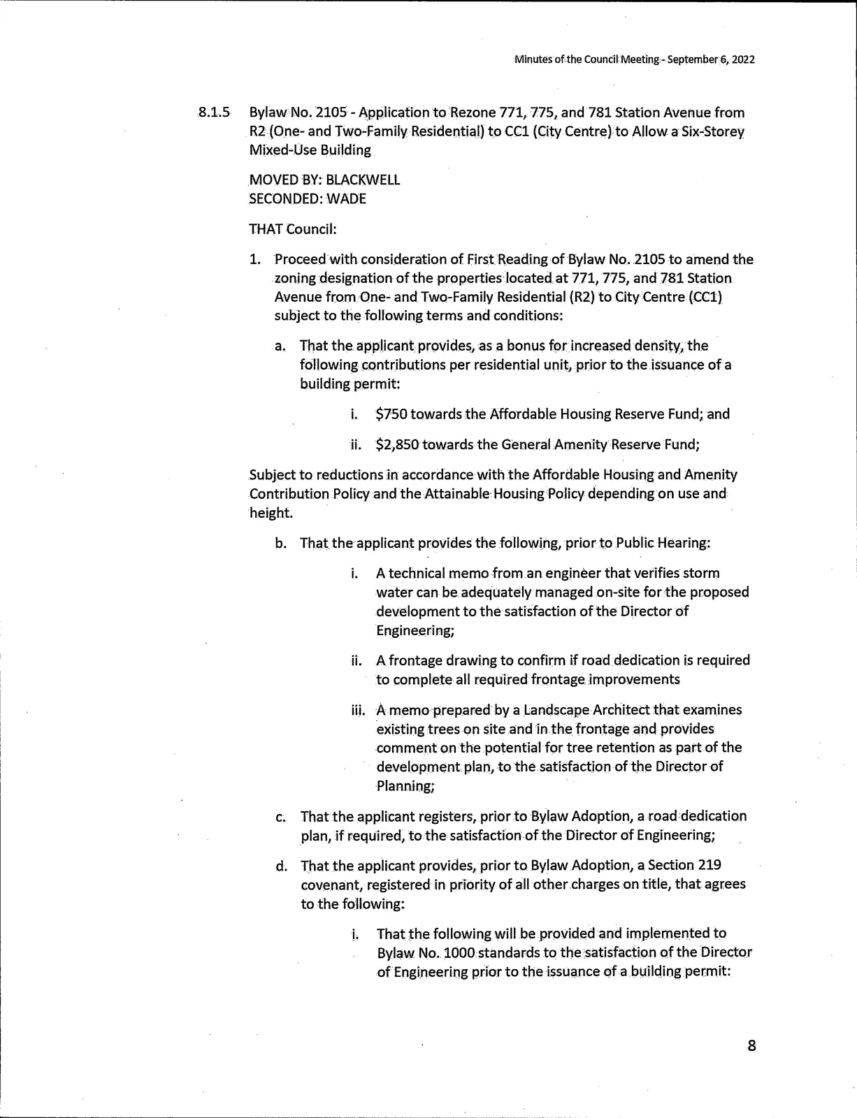 Scanned page detailing Bylaw No. 2105 application to rezone 771, 775, and 781 Station Avenue with conditions and contributions