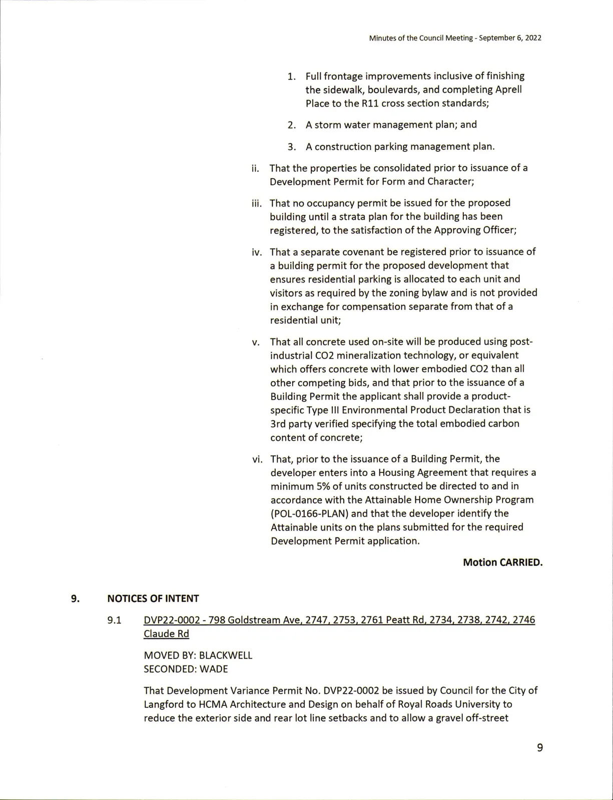 Scanned page continuing Bylaw No. 2105 conditions including frontage improvements, storm water management, parking, concrete requirements, and housing agreement