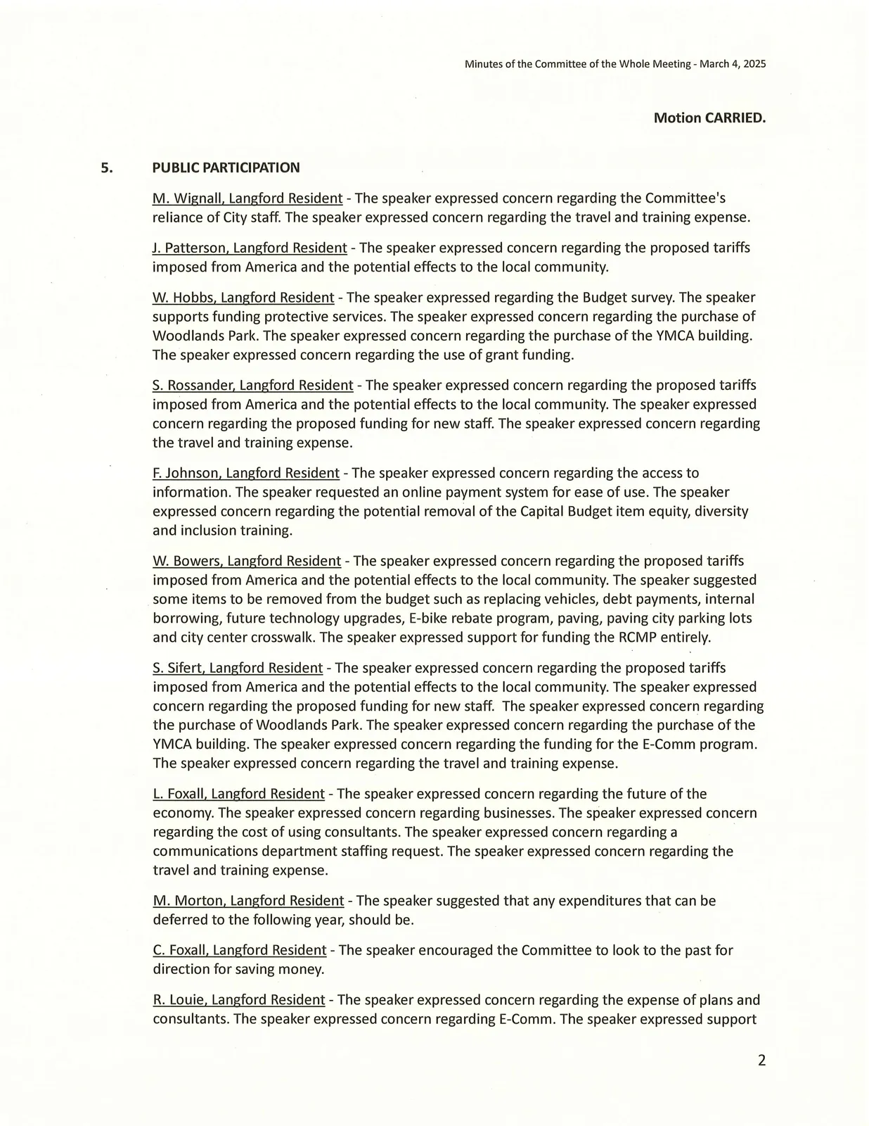 Public participation speakers list