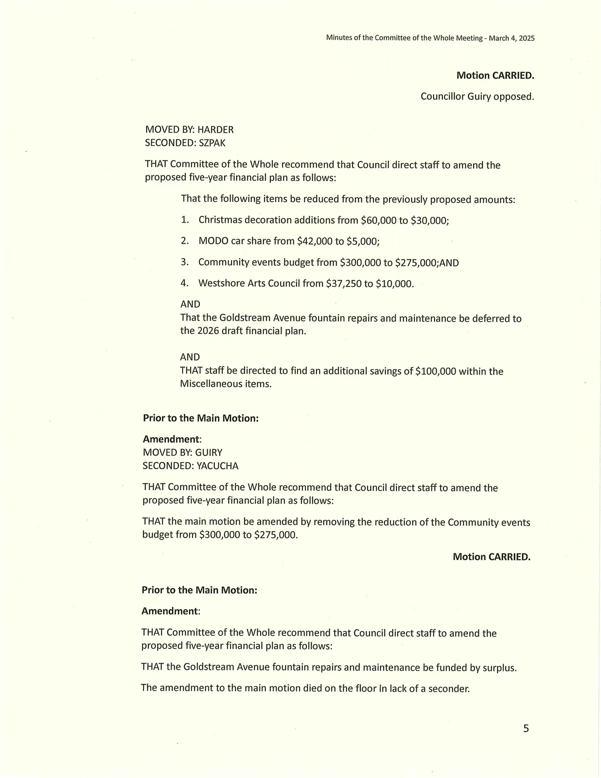 Budget amendment motions and item reductions