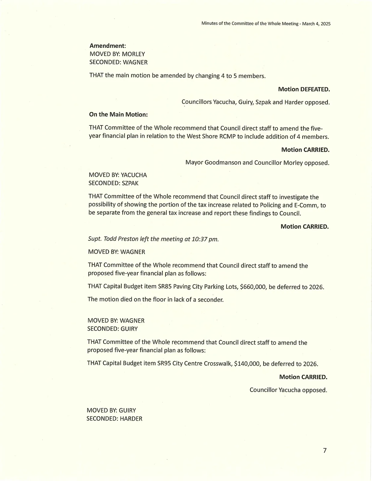 Motions regarding parks, trails, and vehicle purchase