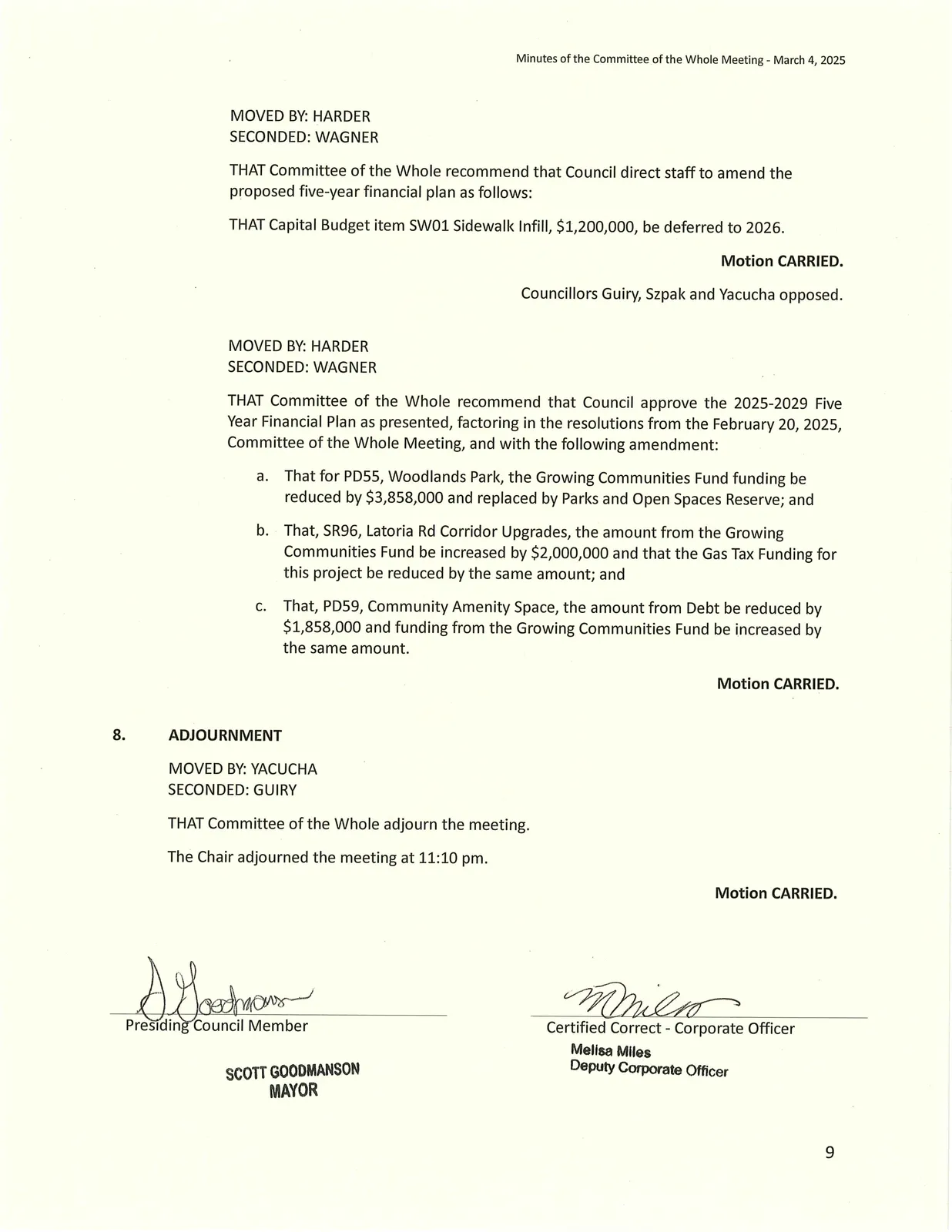 Meeting adjournment details