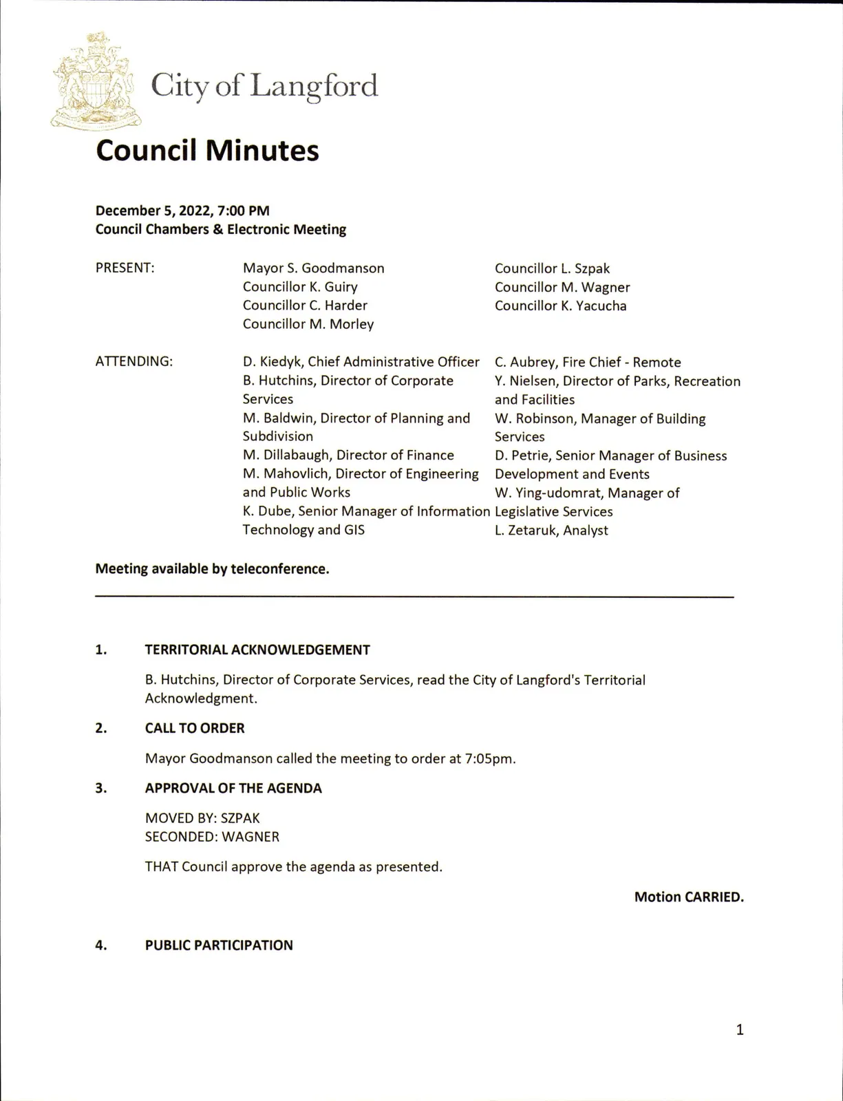 Scanned page of Council Minutes page 1