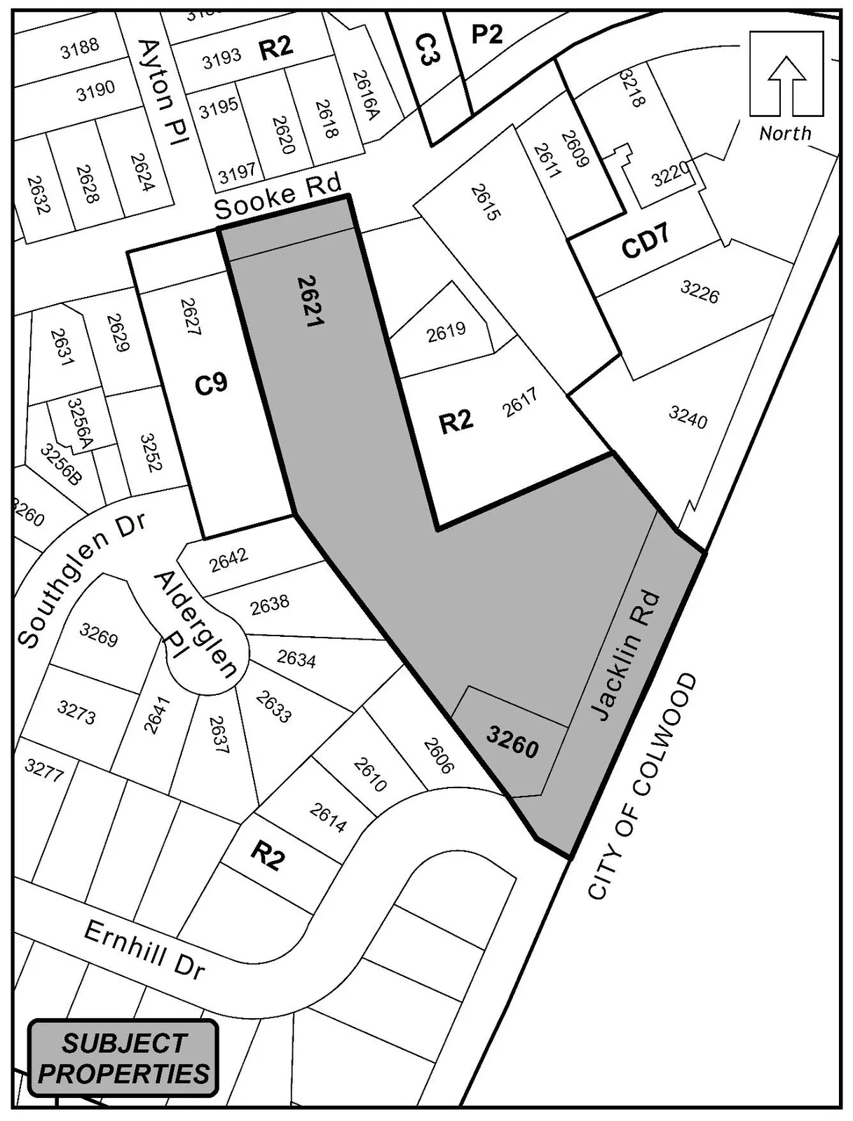 Schedule A map showing properties at 2621 Sooke Road and 3260 Jacklin Road