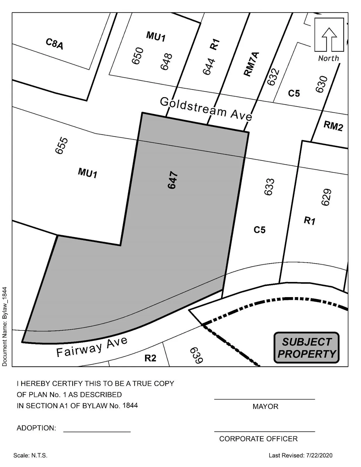 Plan No. 1 showing shaded portions of Lot 1 (647 Goldstream Ave)