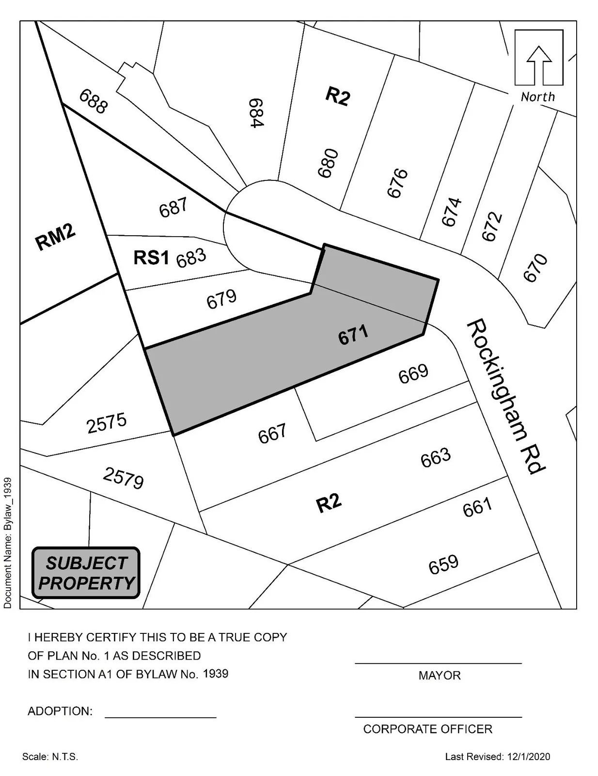 Plan No. 1 showing the portions of LOT 8, SECTION 109, ESQUIMALT DISTRICT, PLAN 12553 (671 Rockingham Rd) shaded and forming part of the Bylaw