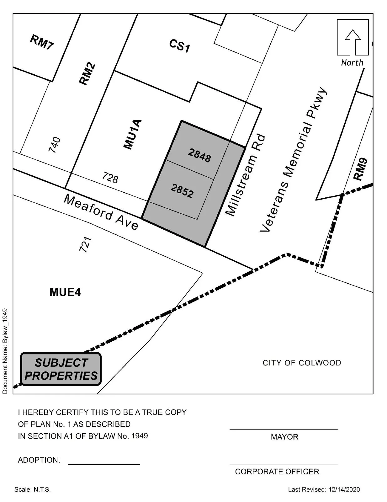 Plan No. 1 showing shaded portions of the properties at 2848 and 2852 Millstream Rd