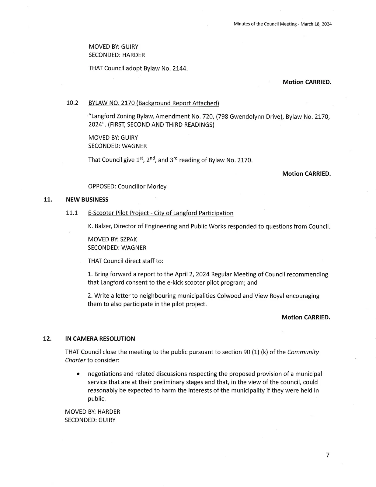 Scan of page 7 — new business and in camera resolution