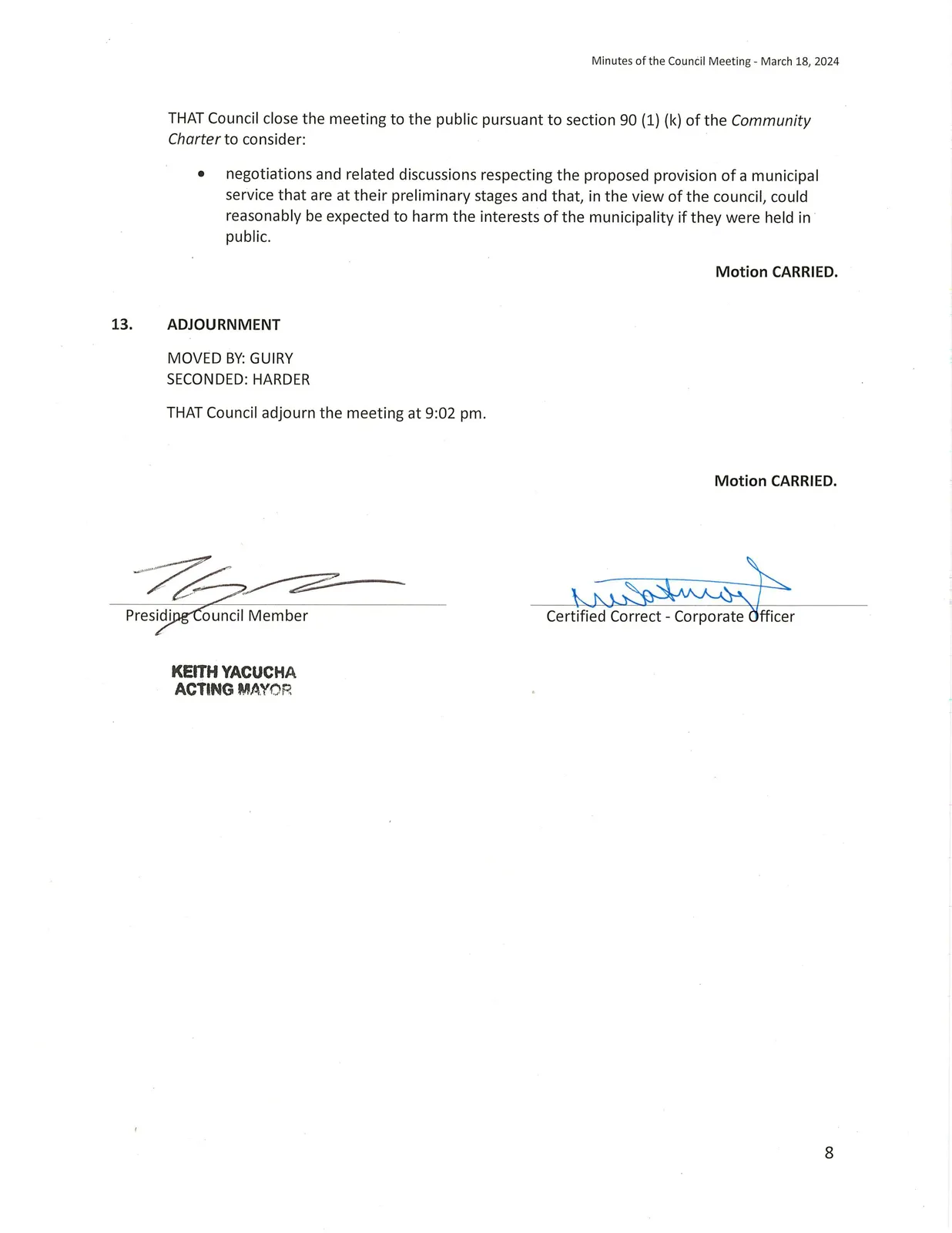 Scan of page 8 — adjournment and certification