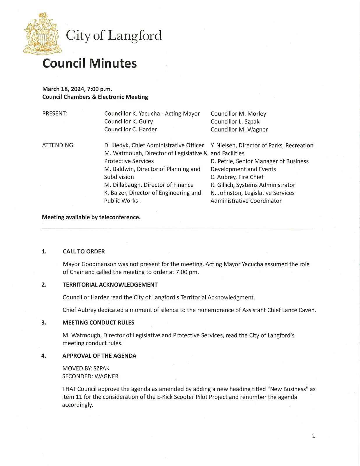 Scan of page 1 — meeting attendance and opening items