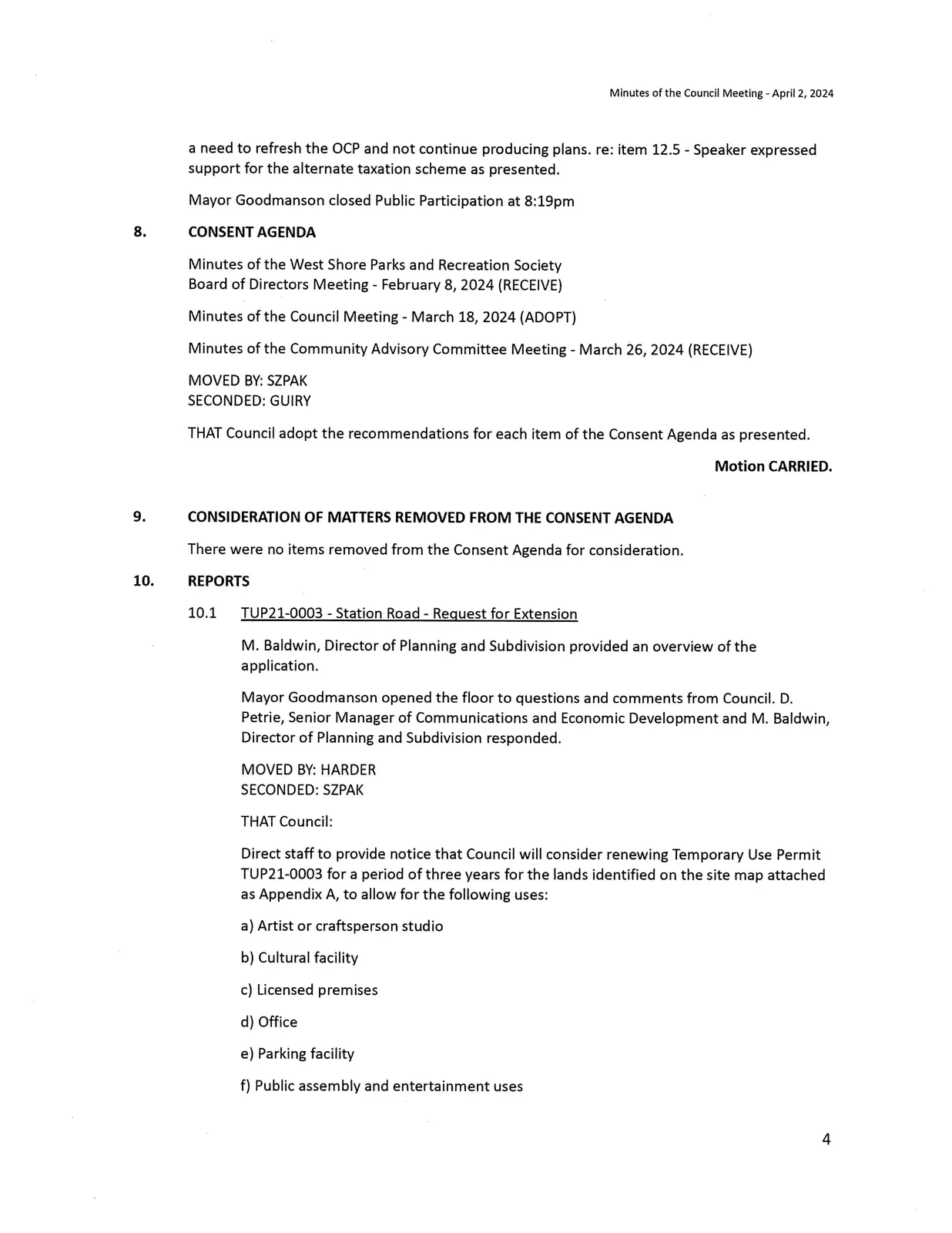 Consent Agenda and report listings