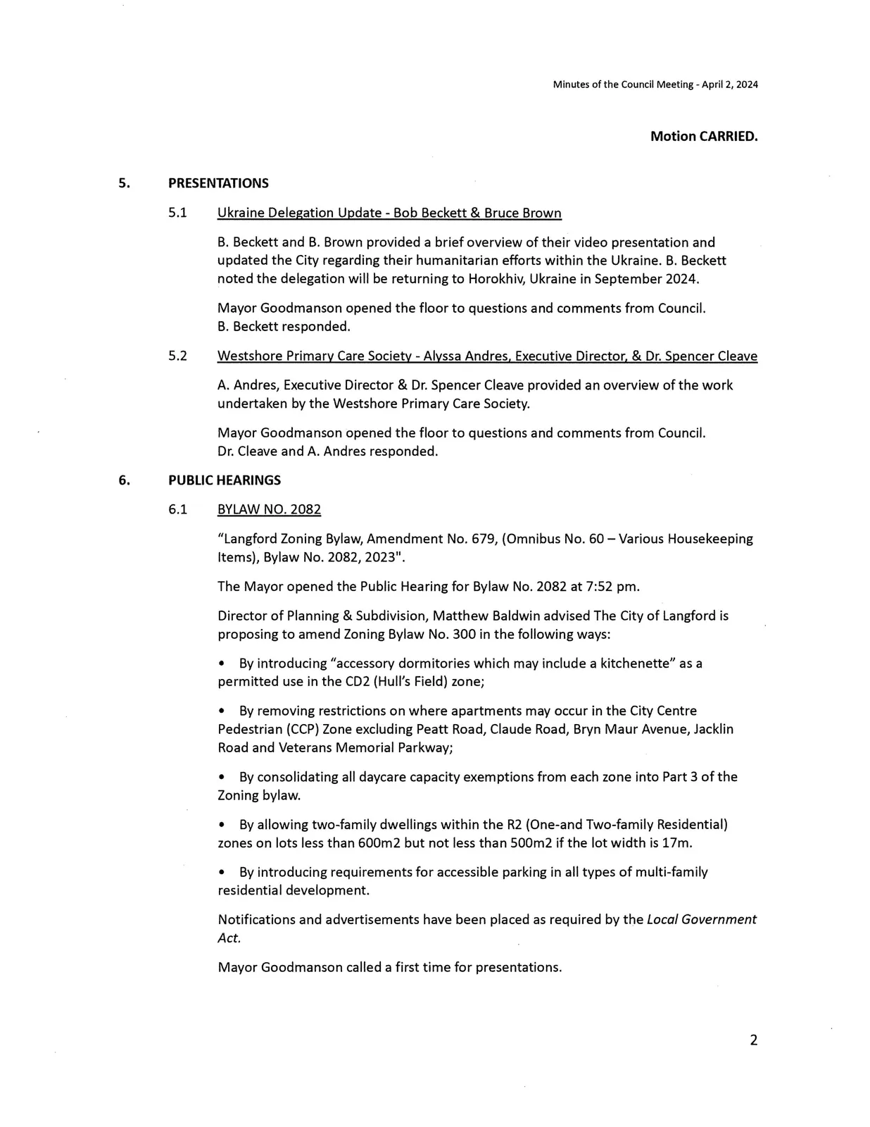 Presentations and Public Hearing opening