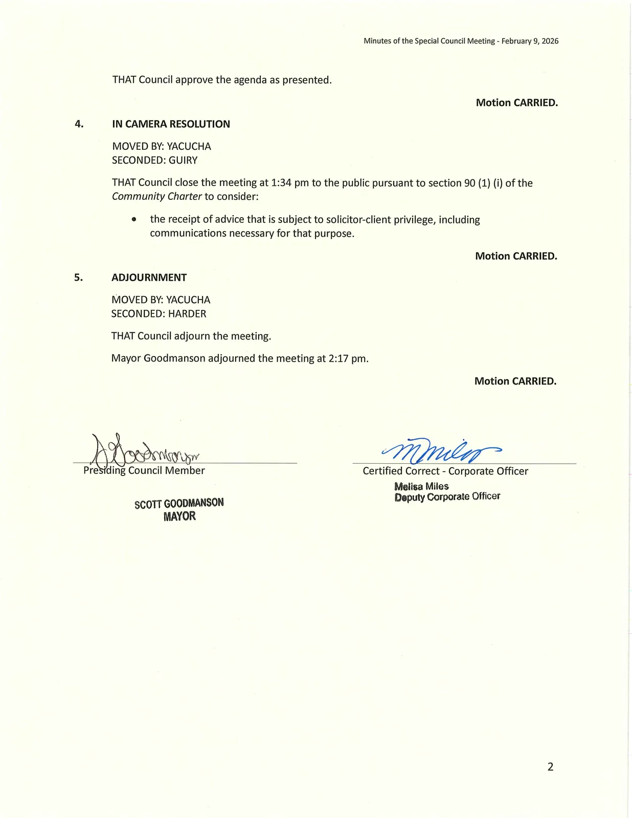 Page 2 — motions, in-camera resolution, adjournment, and certification block