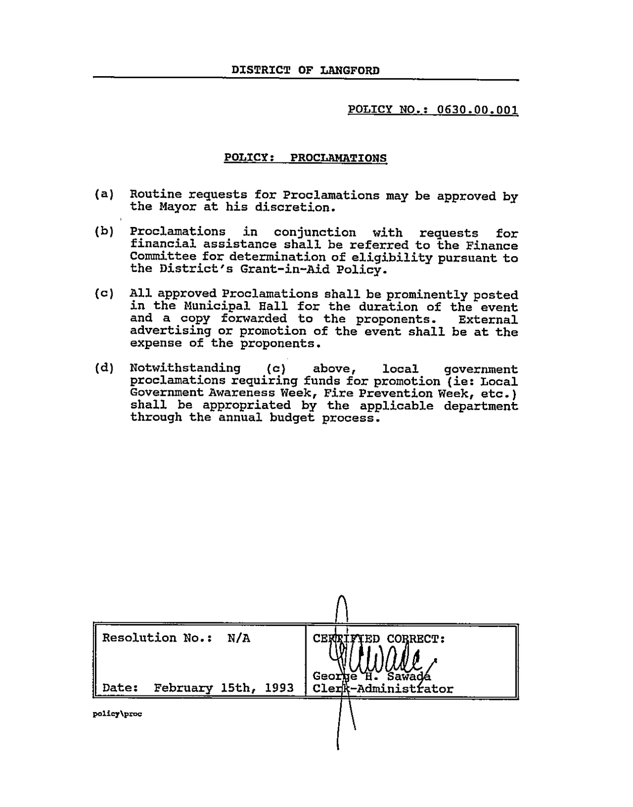 scanned page showing District of Langford Proclamations policy text