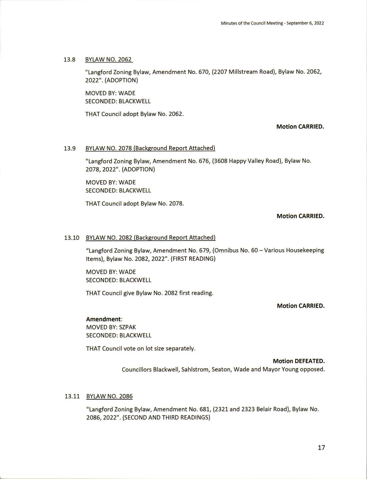 Excerpt of council meeting minutes page