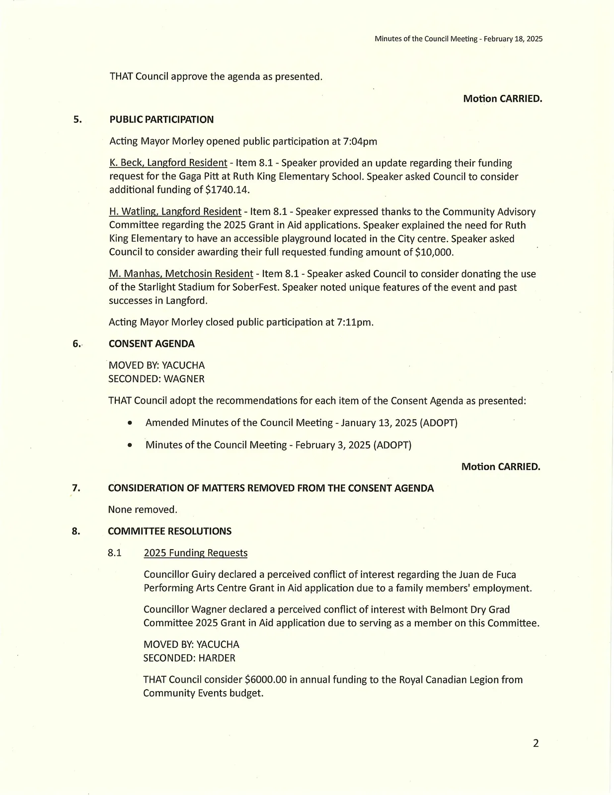 Page 2 — Public participation, Consent Agenda