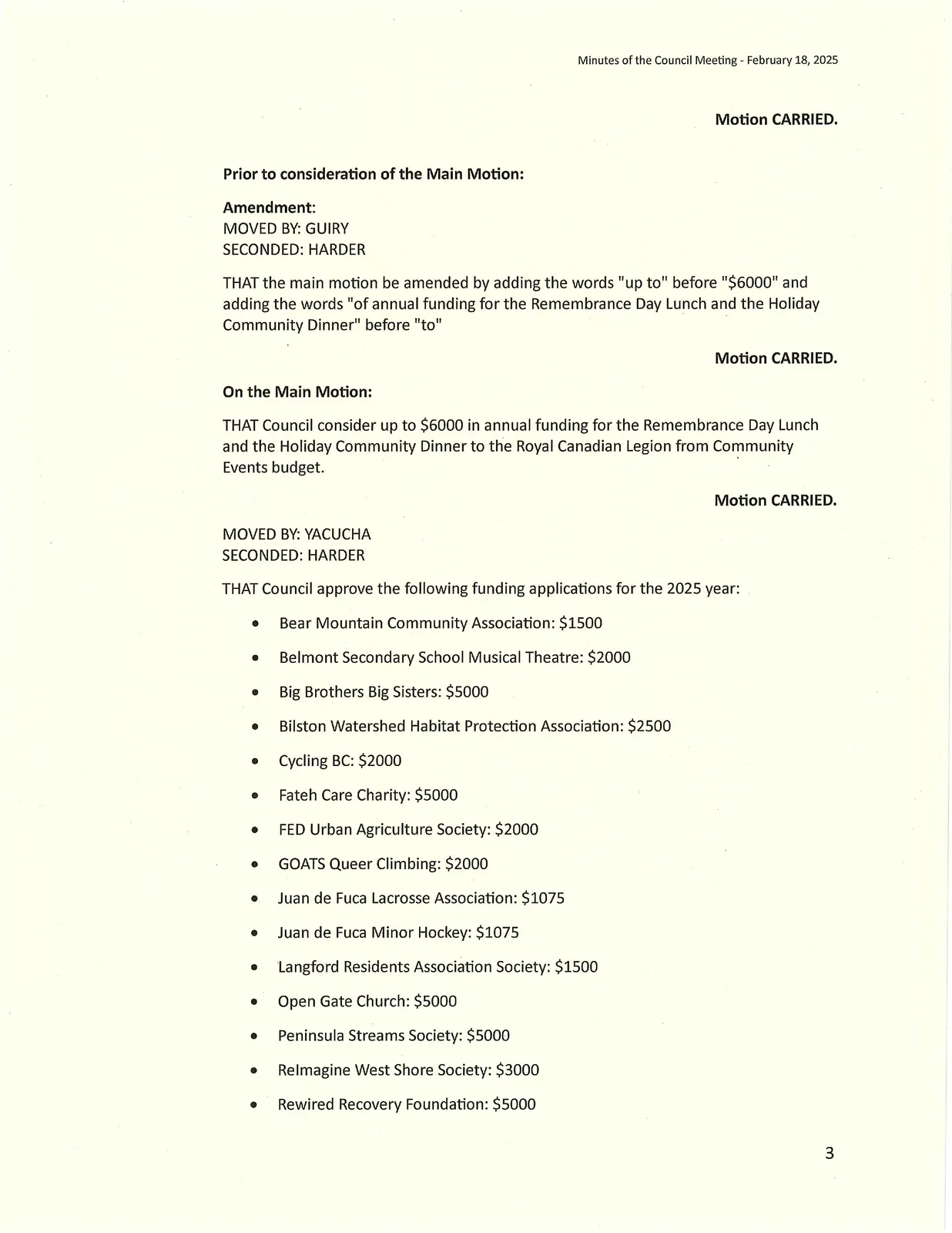 Page 3 — Continuation of funding approvals