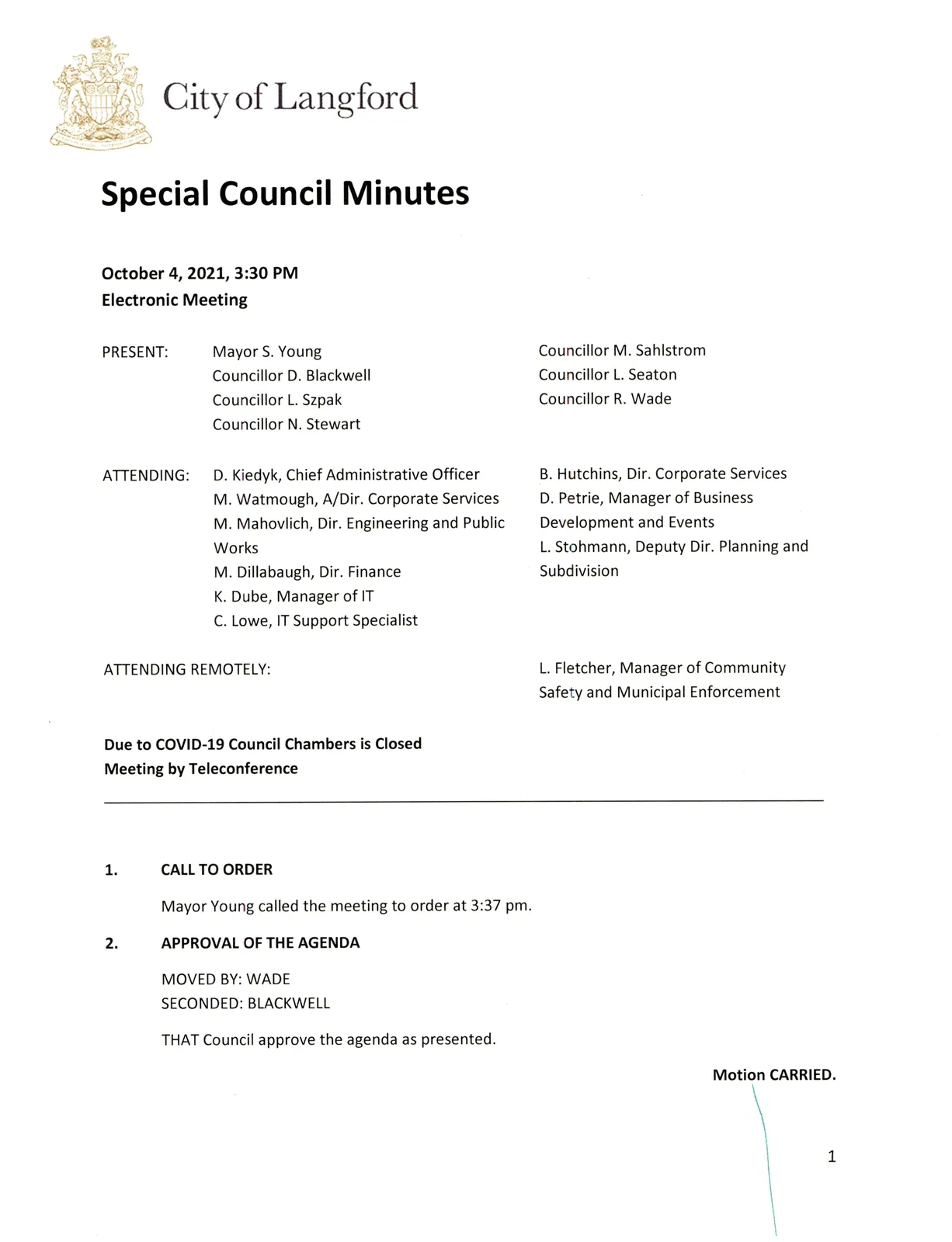 Scanned page image of minutes, page 1