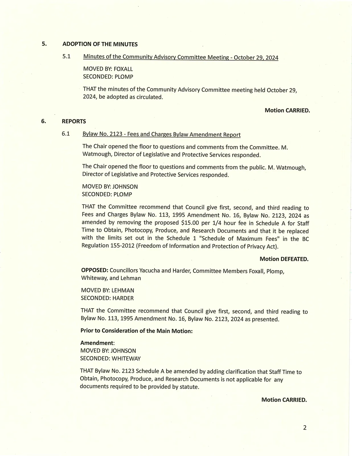 Adoption of minutes and Bylaw No. 2123 discussion