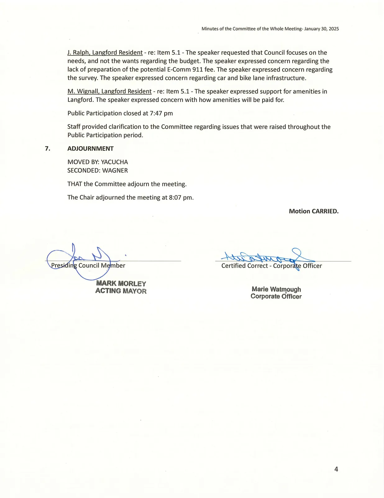 Adjournment and certification text