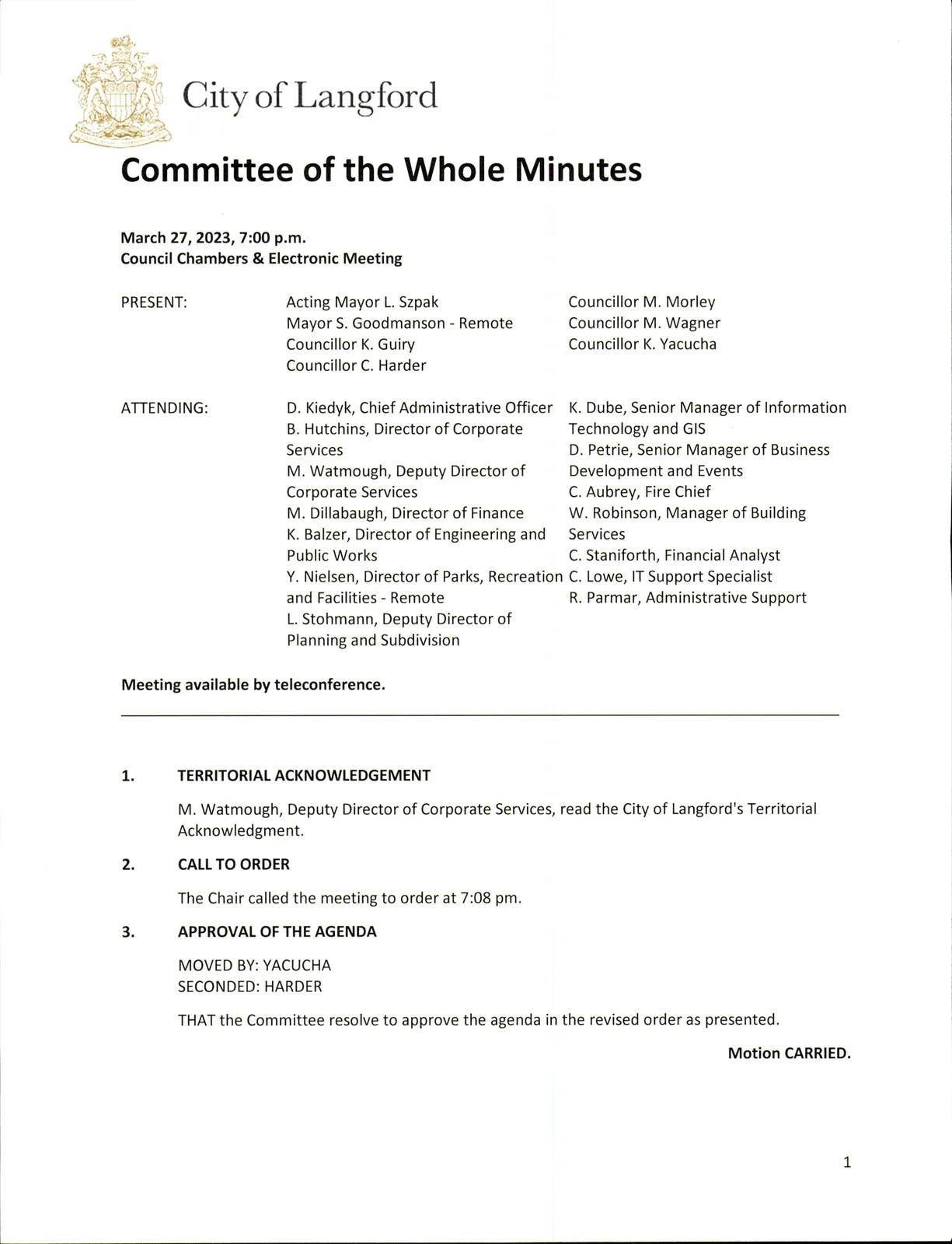 Page 1 of the Committee of the Whole minutes showing attendance and meeting details