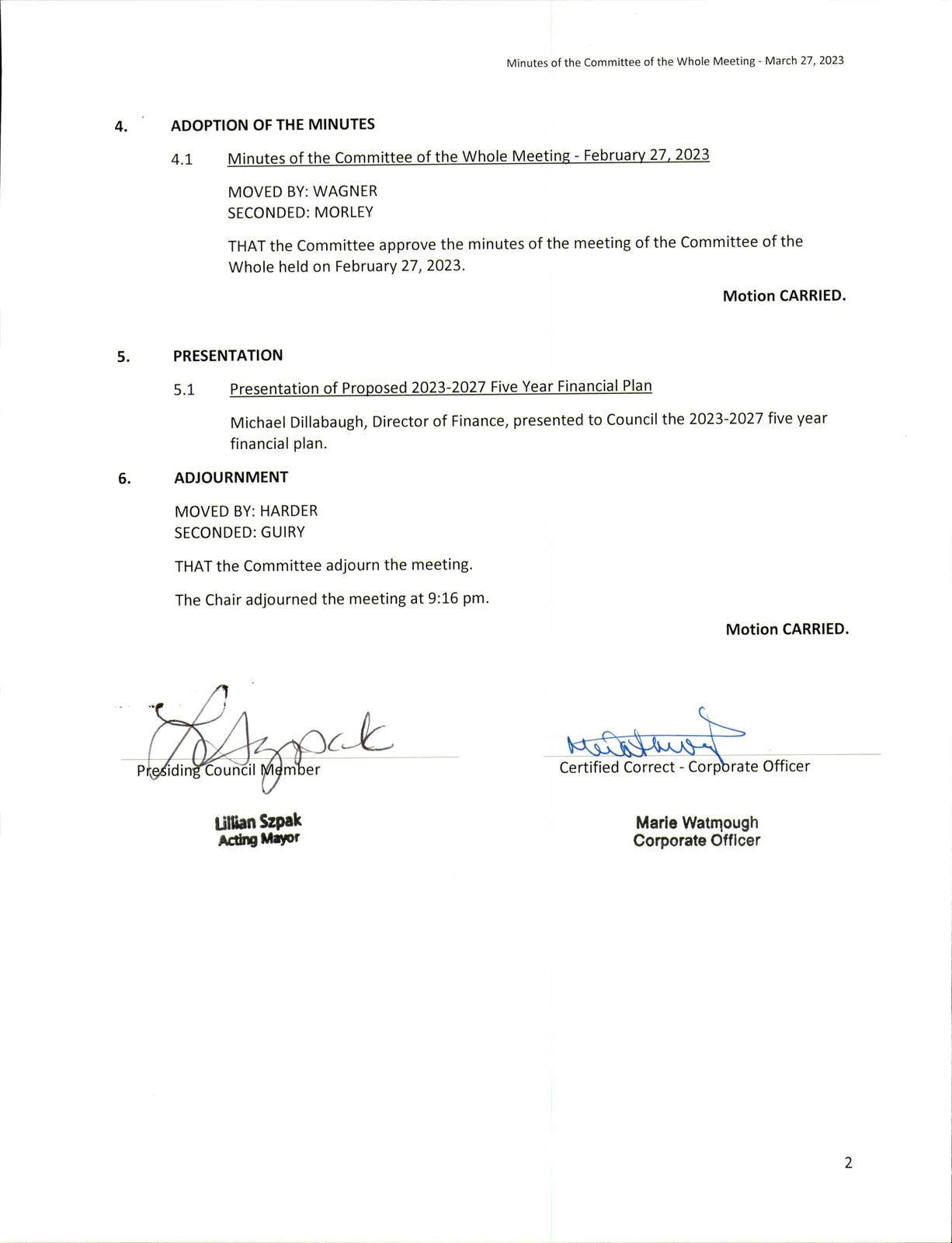 Page 2 of the Committee of the Whole minutes showing adoption of minutes, presentation, and adjournment